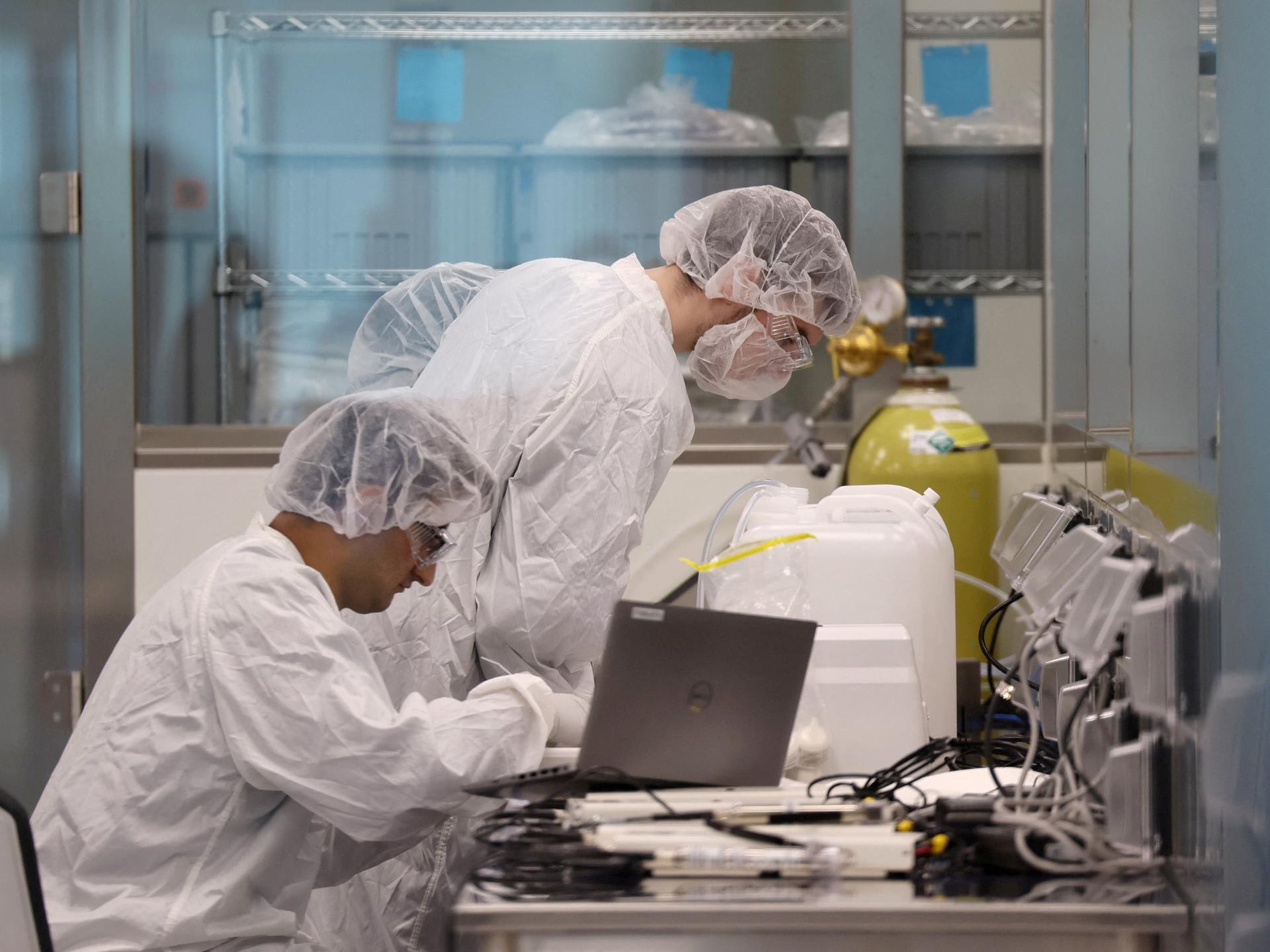 Employees train to be cell therapy specialists at Gilead unit Kite's manufacturing facility, in Frederick Maryland, on March 14, 2024.