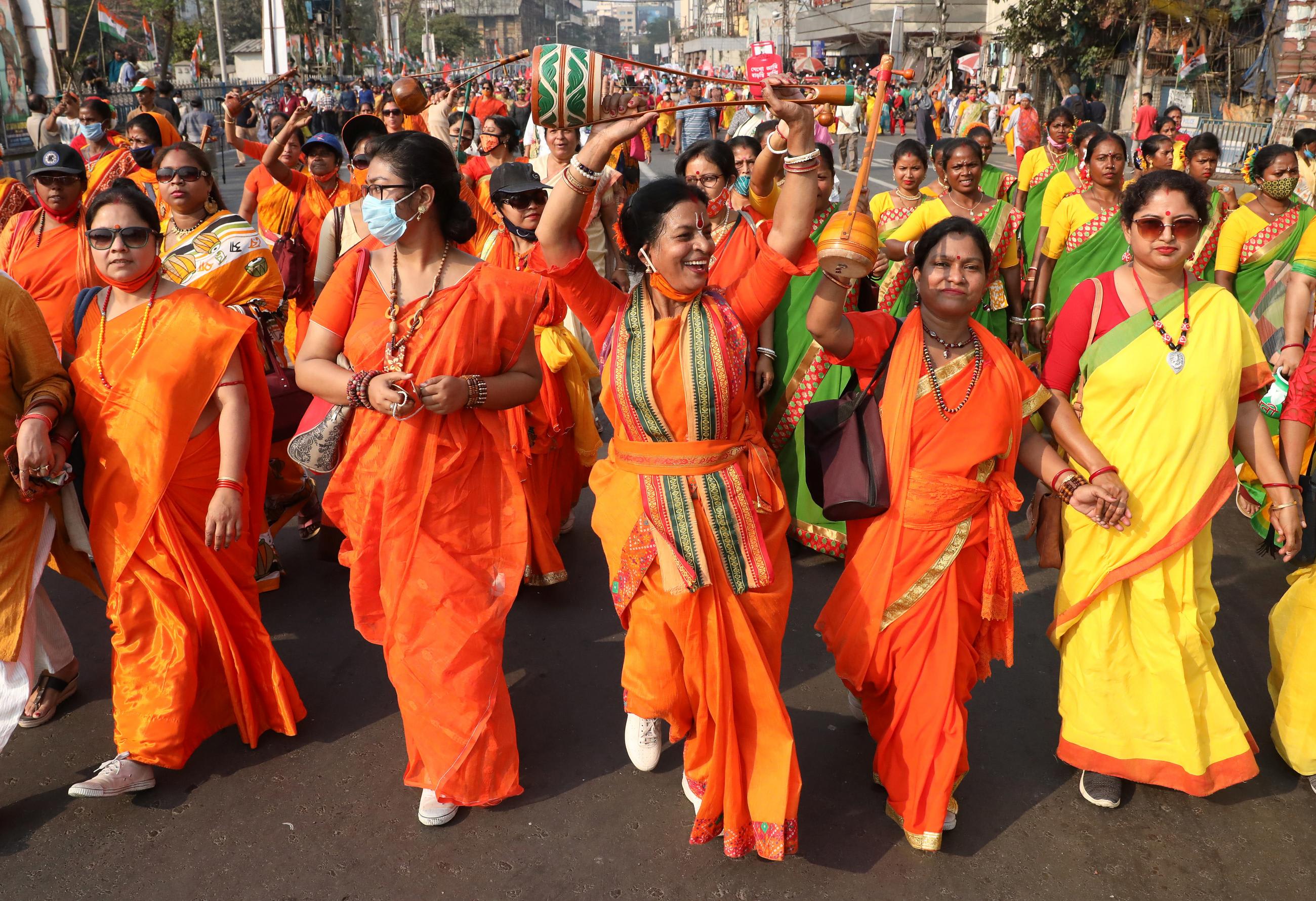 Women attend a protest march on the occasion of International Women's Day in Kolkata, India on March 8, 2021.
