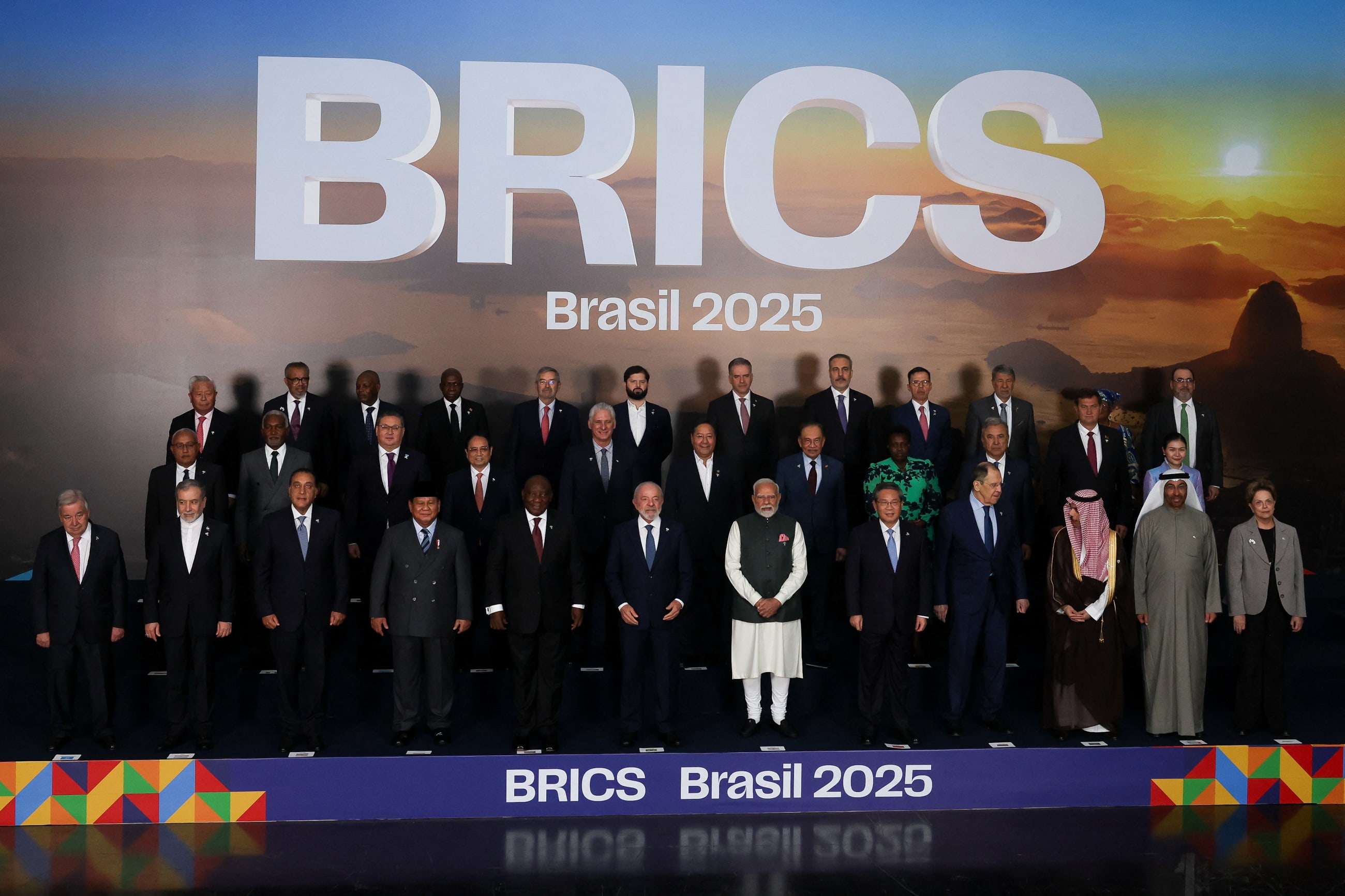 Leaders of the BRICS group pose during the BRICS Summit, in Rio de Janeiro, Brazil, on July 7, 2025.