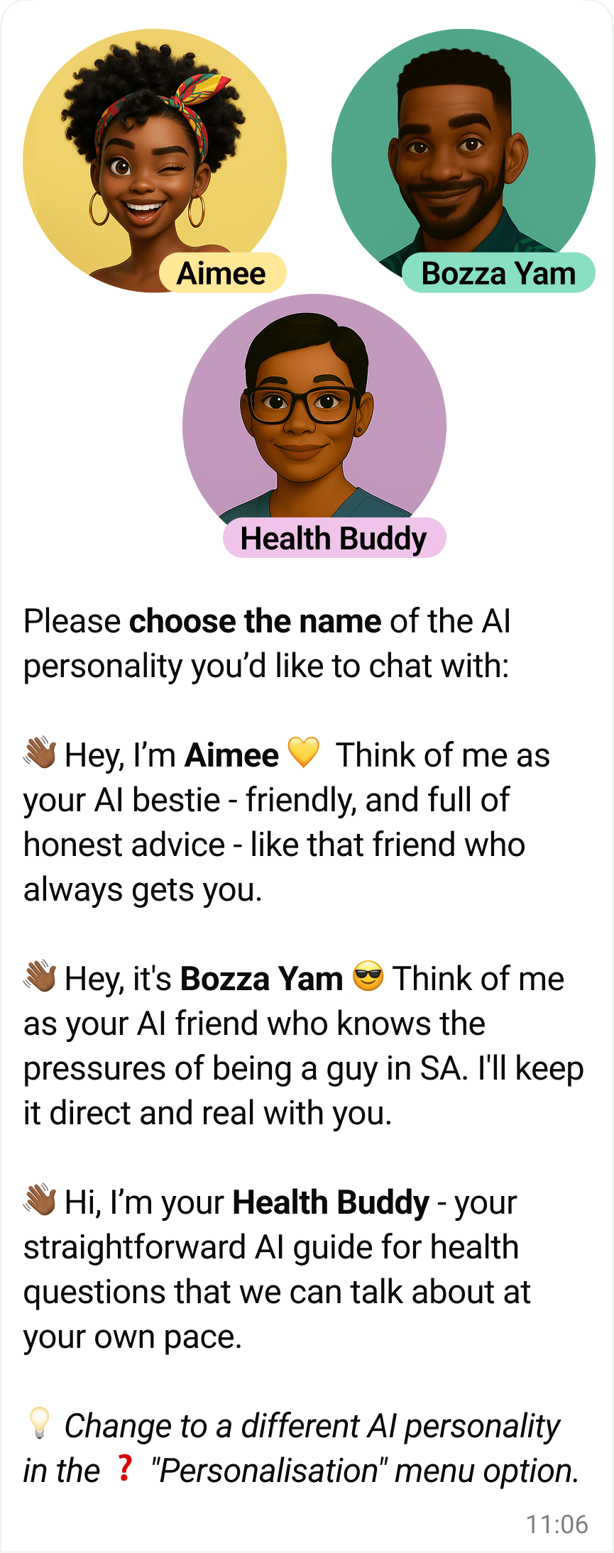 A user screen from the Aimee app.