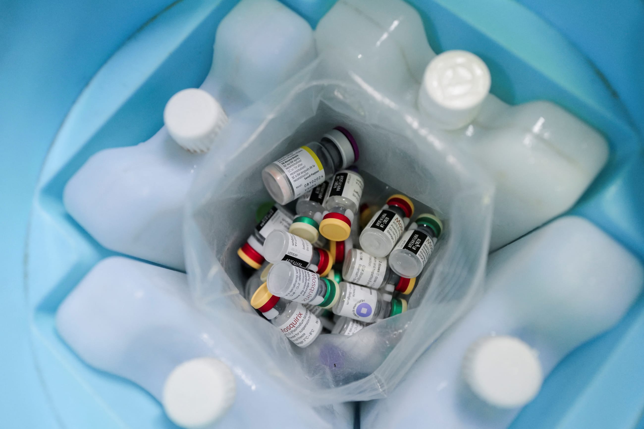 Vials of the RTS,S malaria vaccine are stored inside a vaccine carrier at the Mother and Child Hospital, in Kasoa, Ghana, on November 19, 2025.