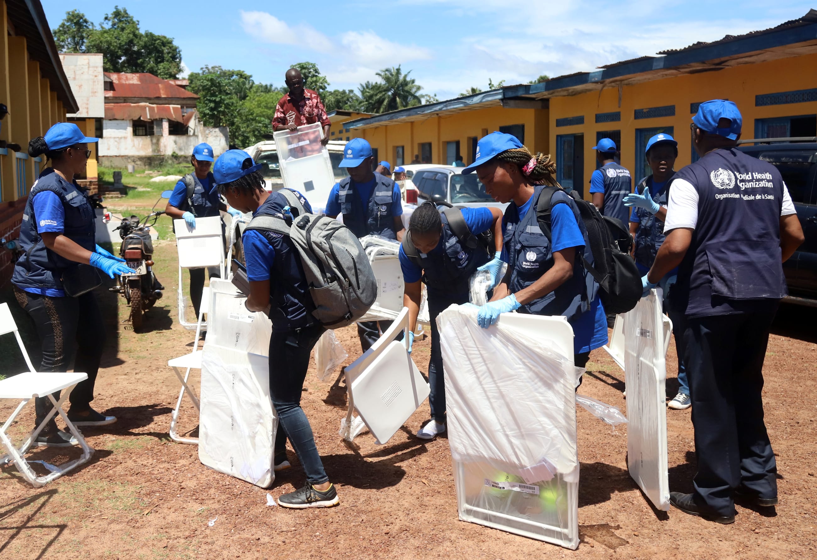World Health Organization workers prepare for an ebola vaccination campaign, in Mbandaka, Democratic Republic of Congo, on May 21, 2018.