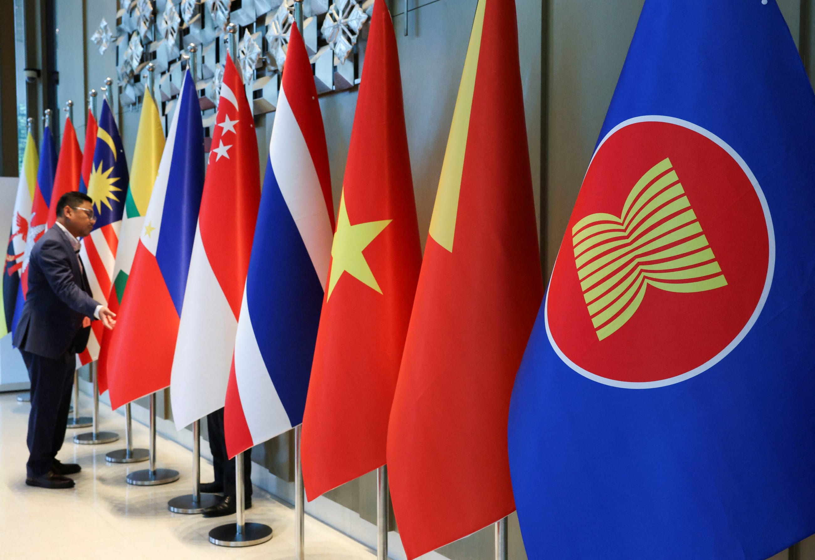 The ASEAN flag is placed alongside the flags of its member countries, in Langkawi, Malaysia, on January 17, 2025.