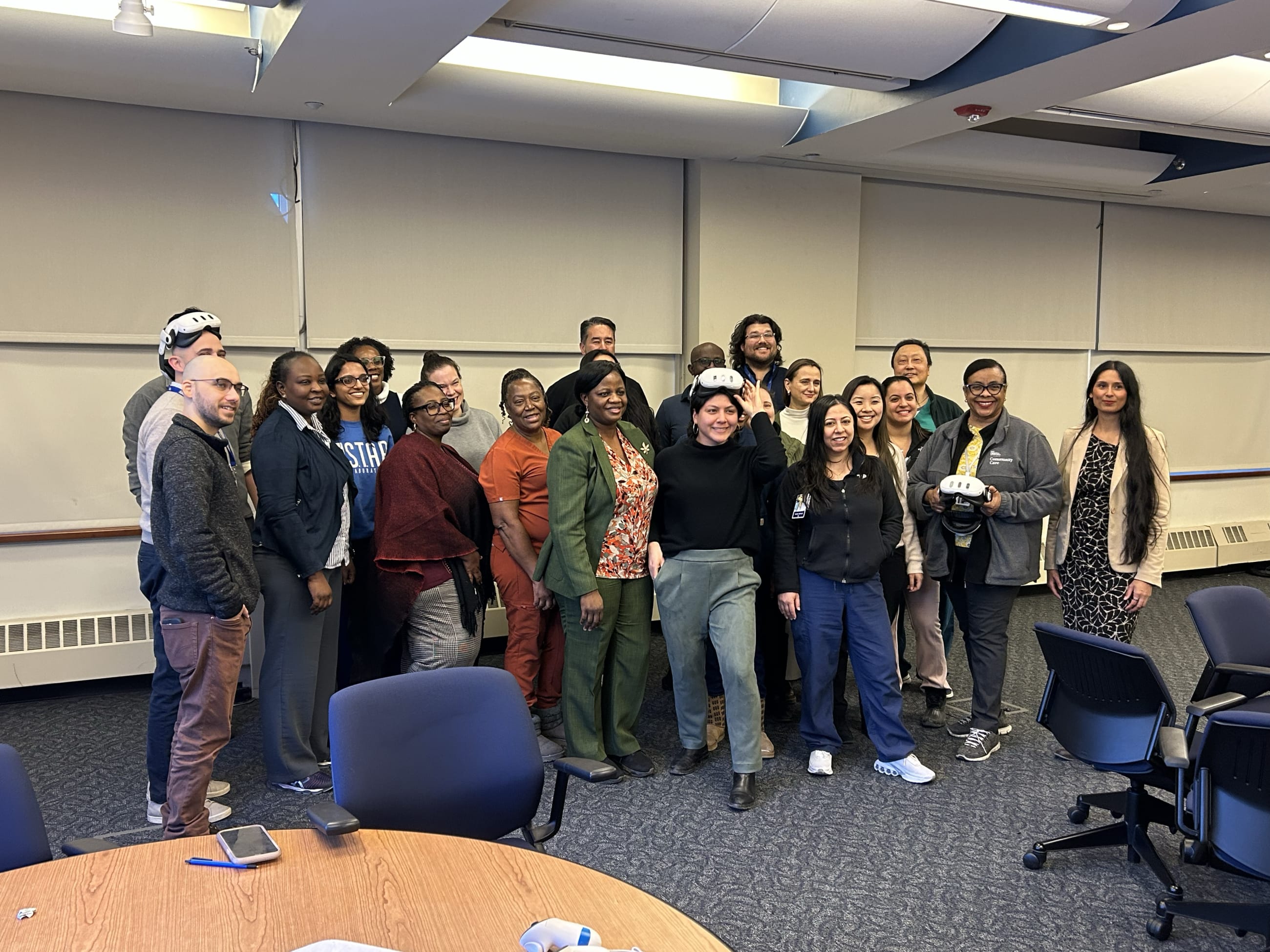 Health-care workers from NYC Health + Hospitals pose at the close of a special pathogens VR training seminar, at Jacobi Medical Center, on February 2, 2026.