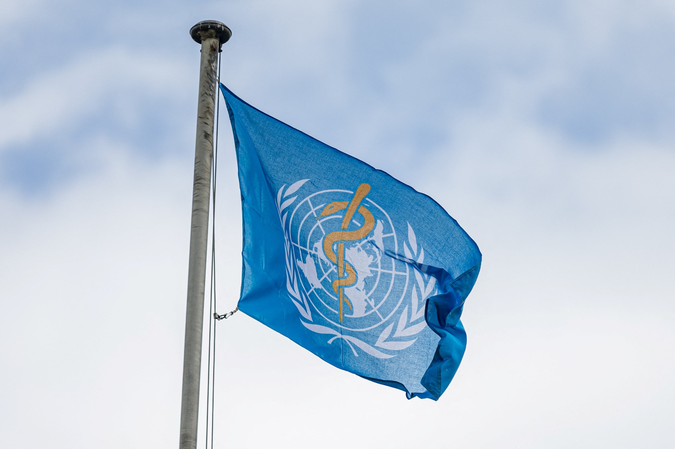 The World Health Organization flag flutters during the opening of the 79th World Health Assembly at the United Nations, in Geneva, Switzerland, on May 18, 2026.