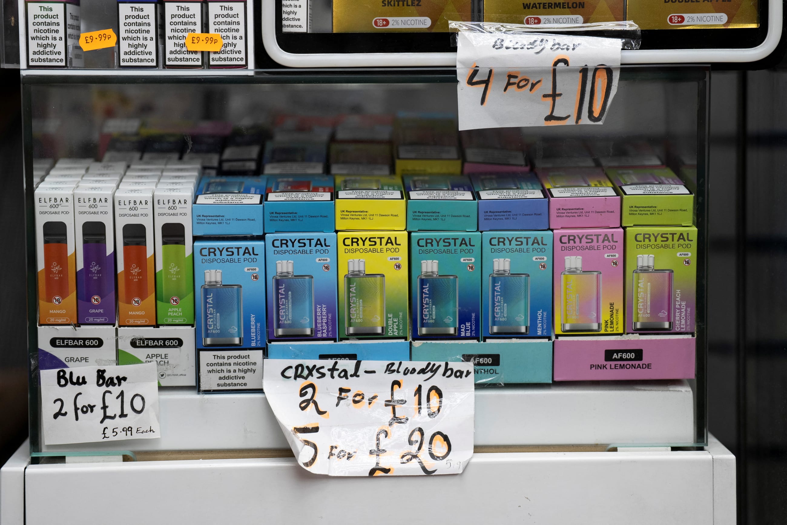 Disposable vapes are displayed for sale at a local shop near London Bridge in London, Britain, on May 30, 2025.