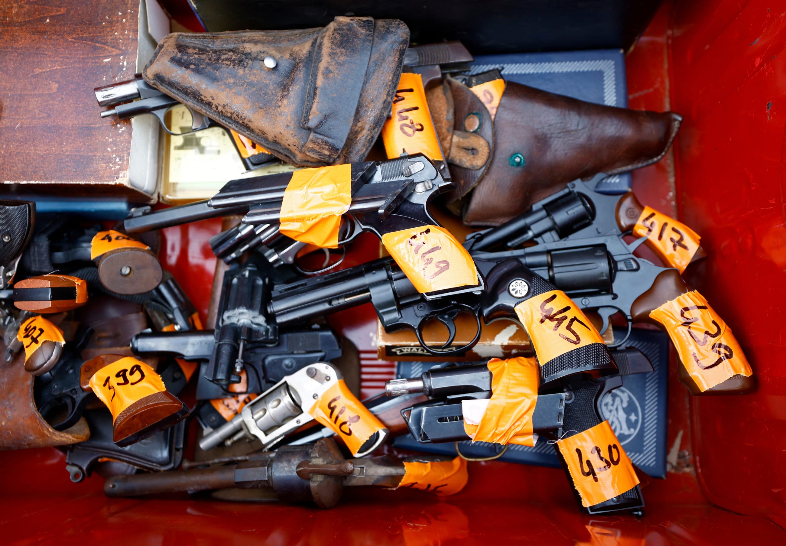Undeclared firearms owned by residents are seen at a police station as part of a collection campaign to reduce the number of illegally-held weapons, in Nice, France, on November 30, 2022.