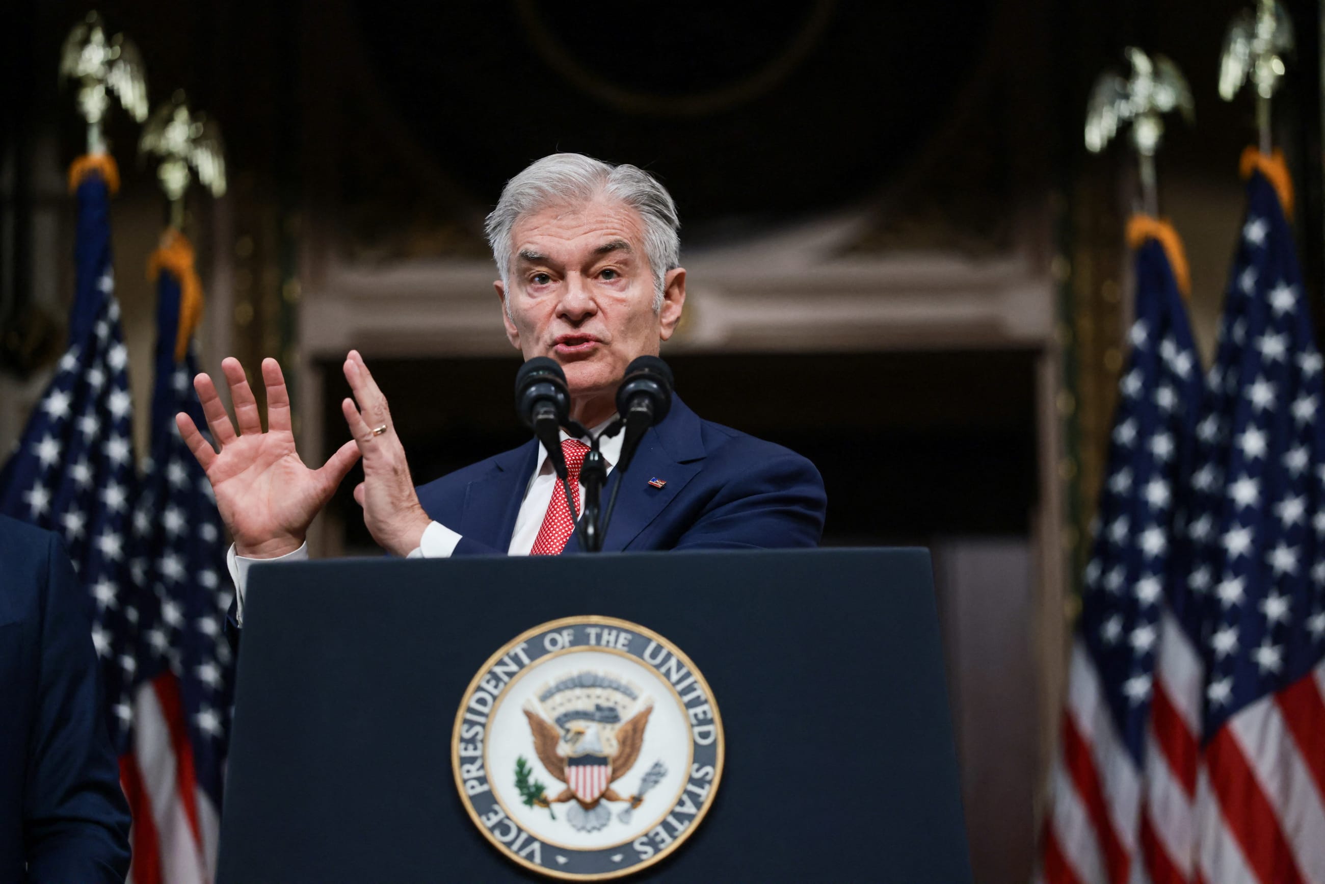 U.S. Administrator for the Centers for Medicare & Medicaid Services Mehmet Oz speaks during a press conference to discuss "anti-fraud initiatives," at the White House complex, in Washington, DC, on May 13, 2026.