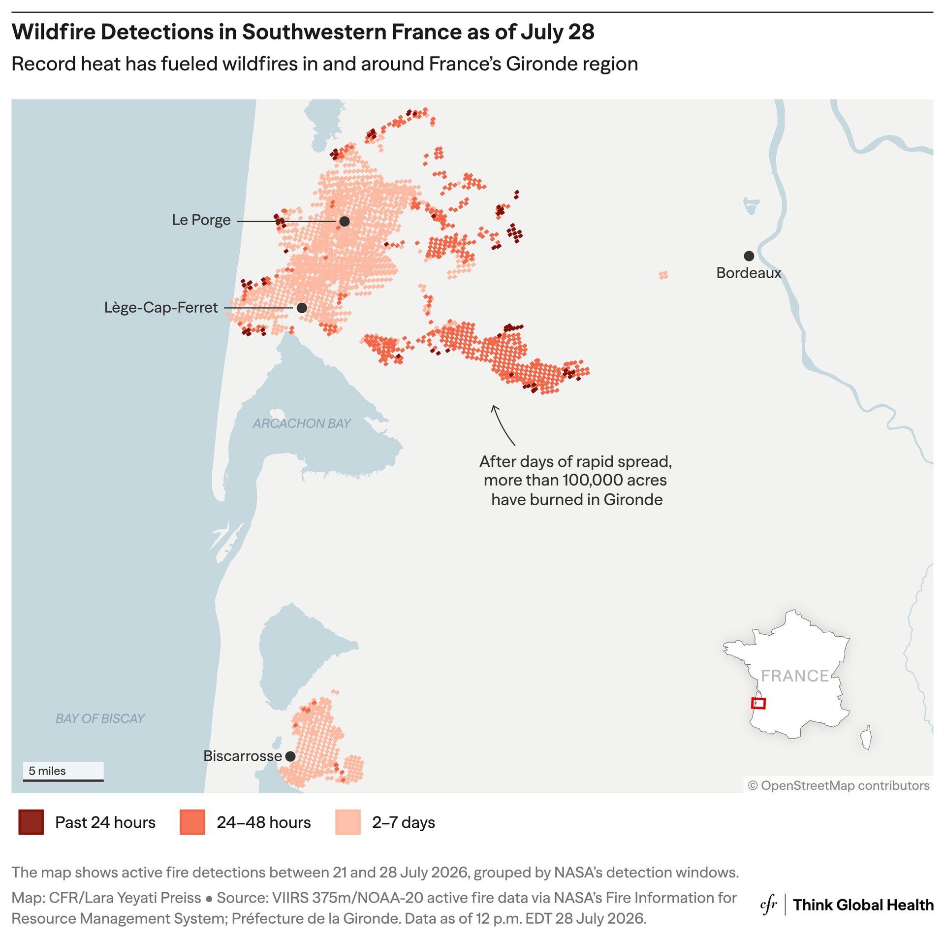 A map showing wildfire detections in southwestern France as of July 28