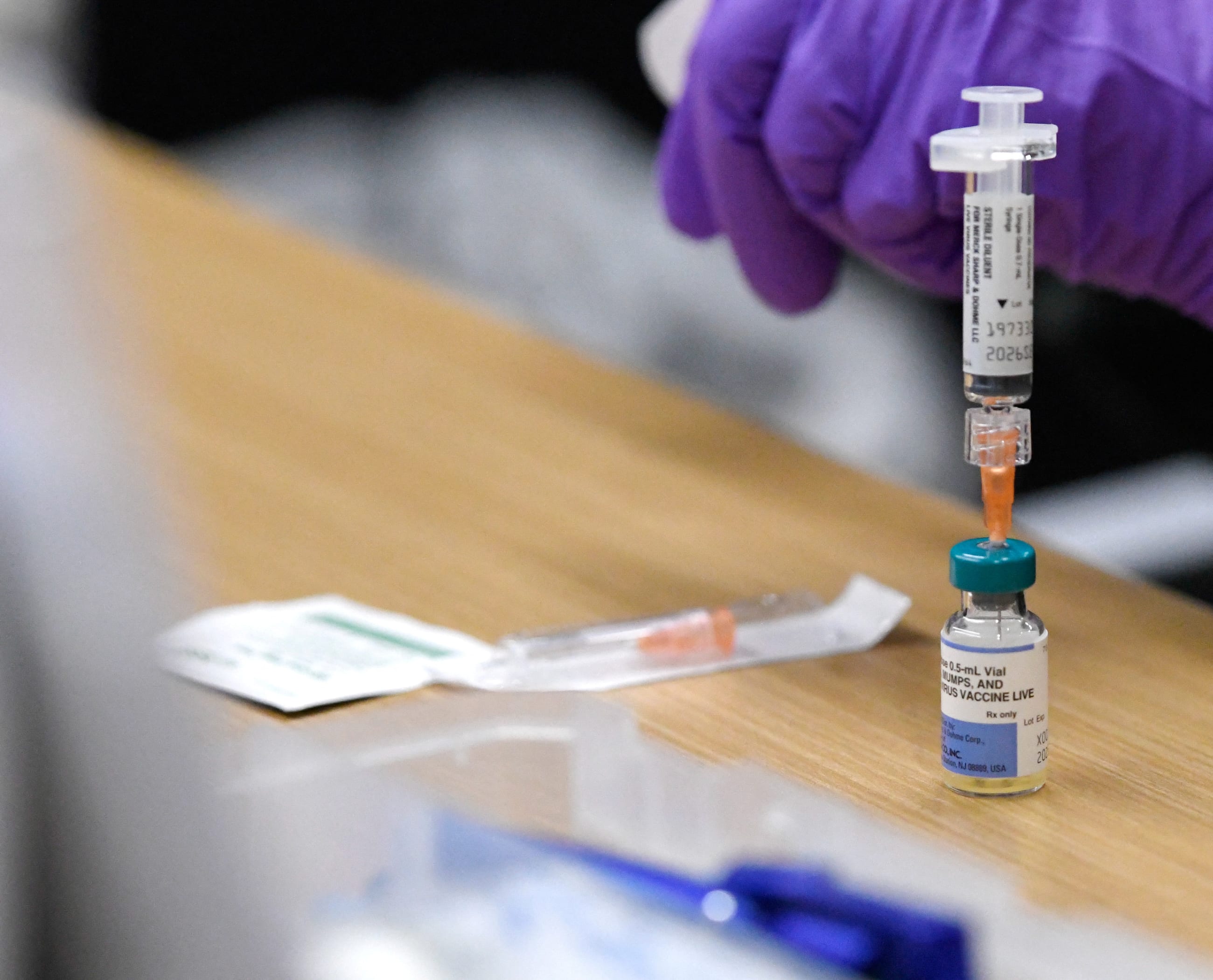 A syringe is pictured ahead of MMR vaccinations at the City of Lubbock Health Department, in Lubbock, Texas, on February 27, 2025.