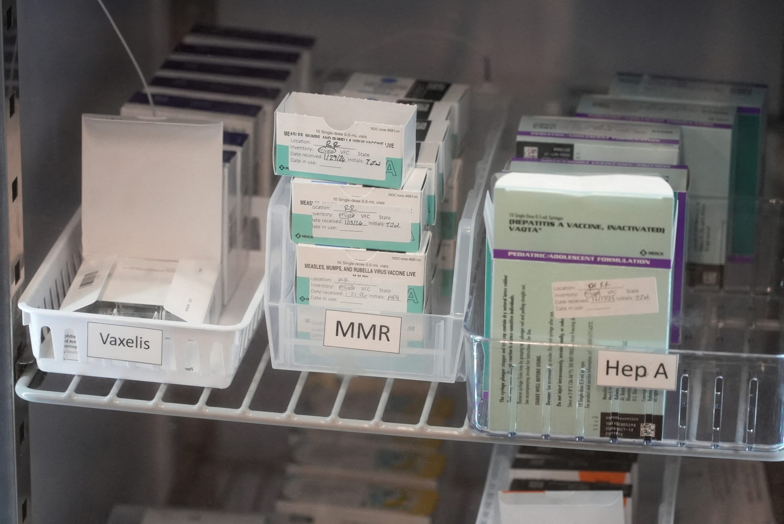 MMR vaccines sit inside a medical refrigerator, in Spartanburg, South Carolina, on February 6, 2026.