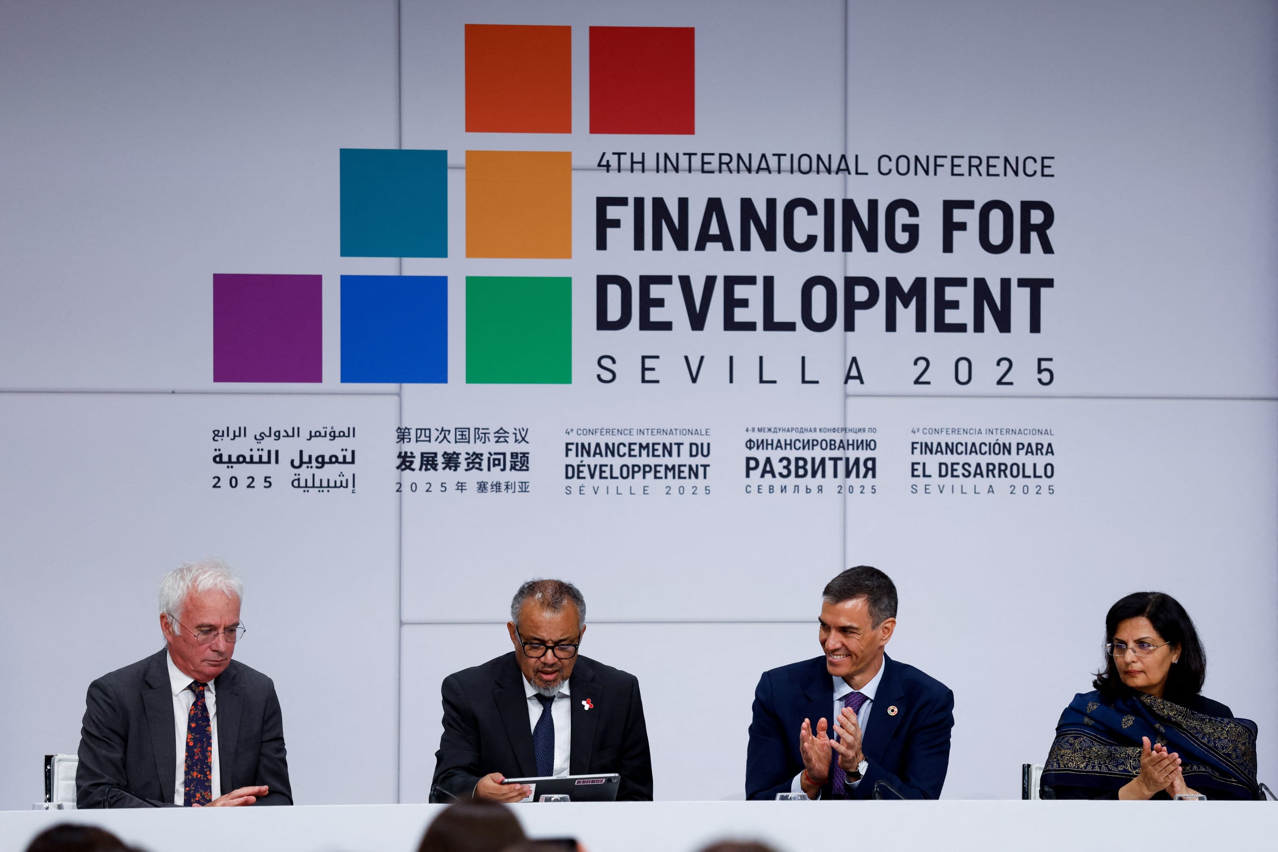 Spain's Prime Minister Pedro Sanchez, Director-General of the World Health Organization Tedros Adhanom Ghebreyesus, CEO of Gavi Sania Nishtar, and Executive Director of The Global Fund Peter Sands are seen during the 4th International Conference on Financing for Development, in Seville, Spain, on July 2, 2025.