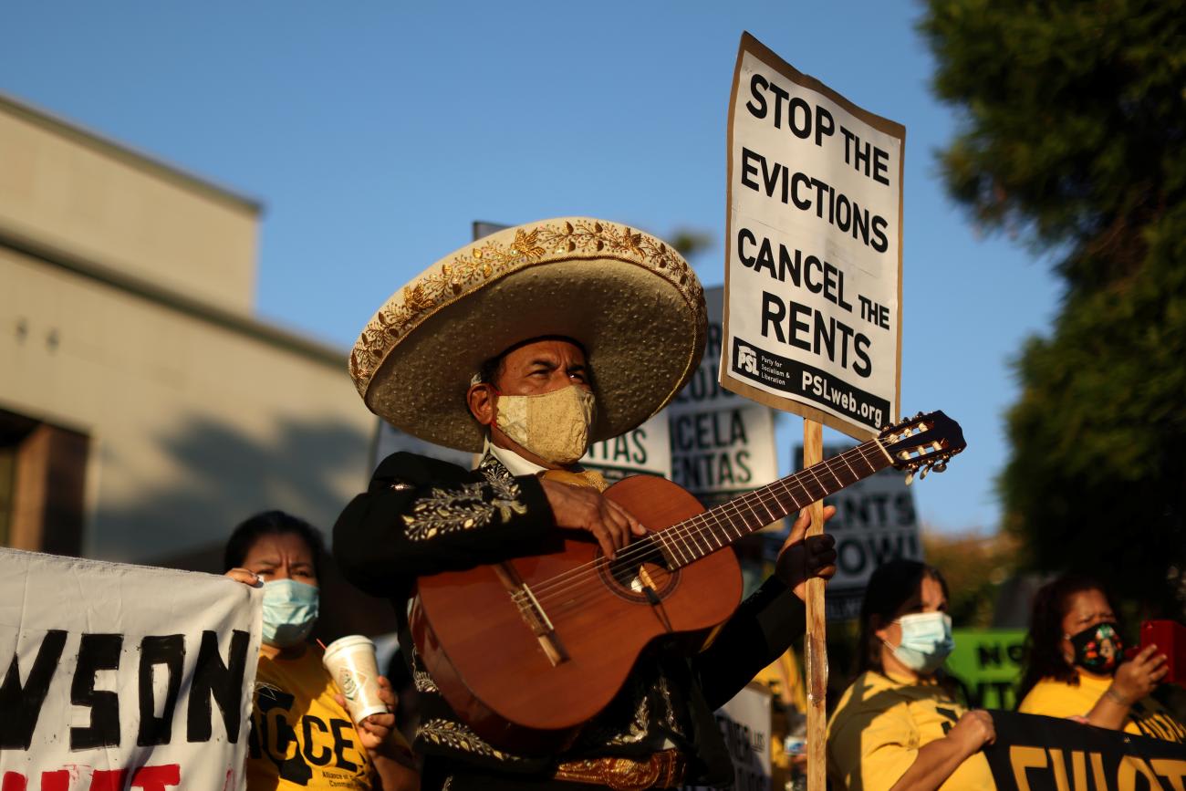 Tenants and housing rights activists protest for a halting of rent payments and mortgage debt, during the coronavirus disease (COVID-19) outbreak, in Los Angeles, California, U.S., October 1, 2020.