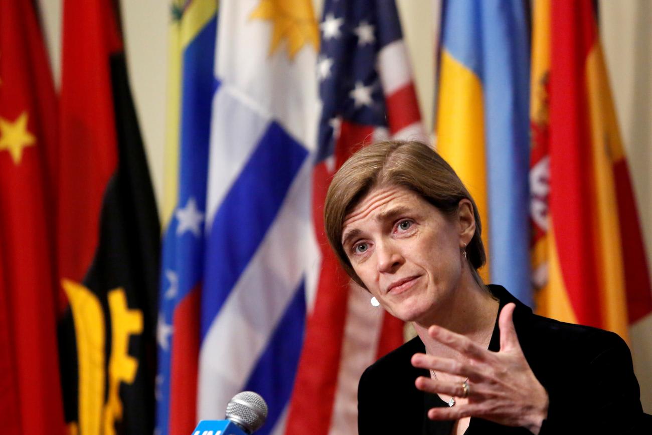 Then- United States Ambassador to the United Nations Samantha Power addresses media at the United Nations in Manhattan, New York City, U.S., December 19, 2016.