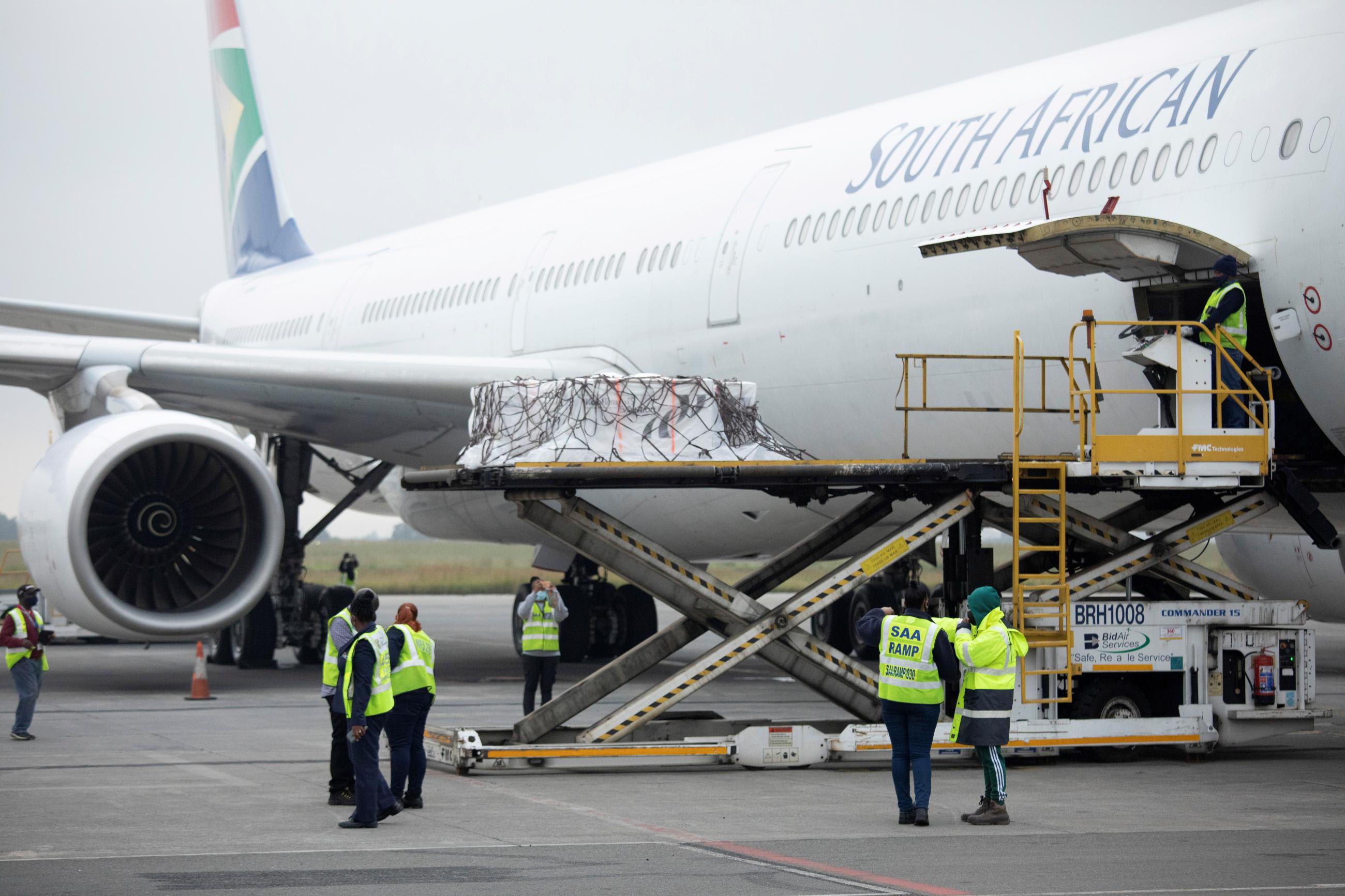 A delivery of the Johnson & Johnson coronavirus disease vaccine is offloaded at the O.R Tambo International Airport in Johannesburg, South Africa on February 27, 2021.