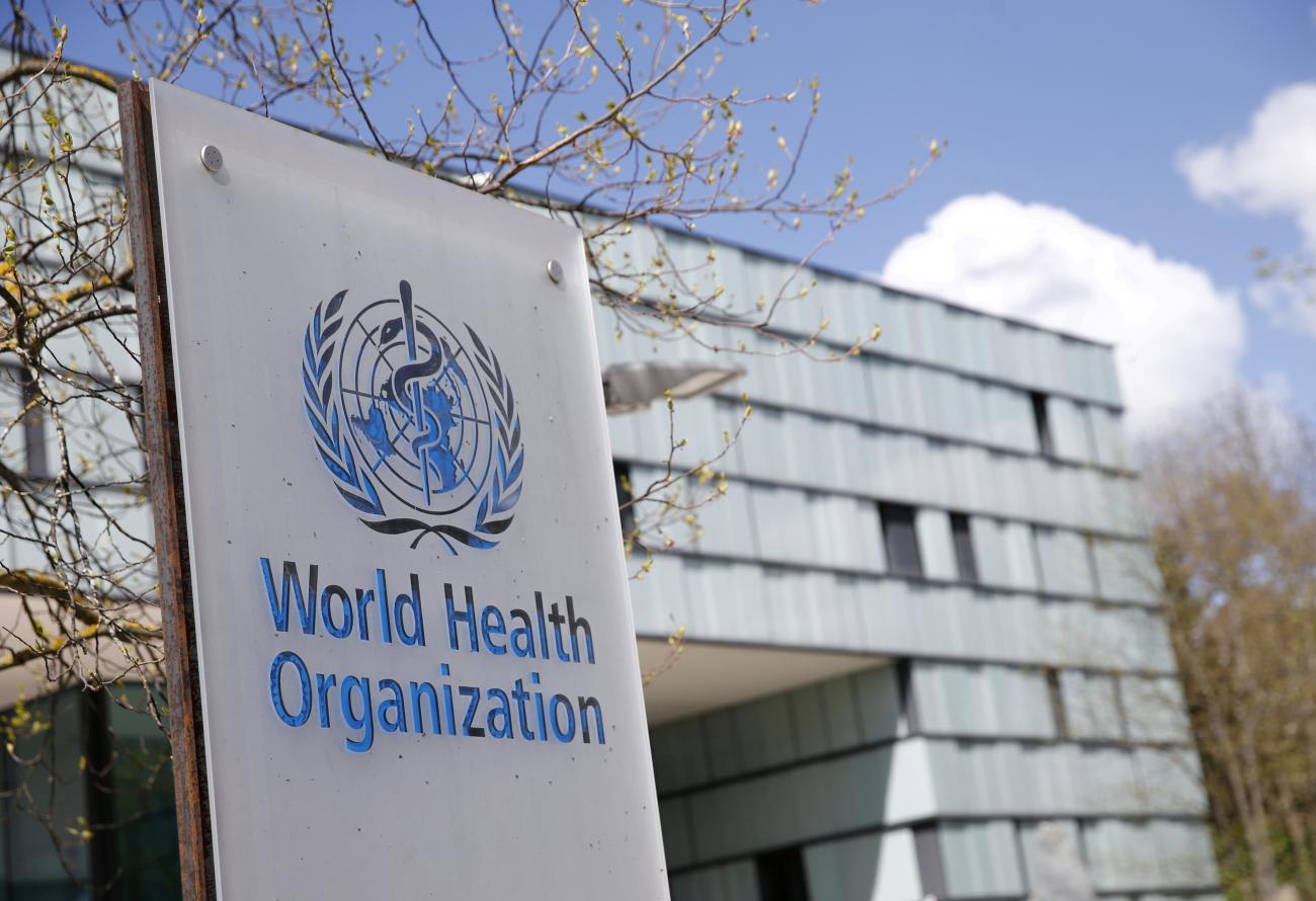 A logo is pictured outside a building of the World Health Organization during an executive board meeting on update on the coronavirus disease outbreak in Geneva, Switzerland on April 6 2021.