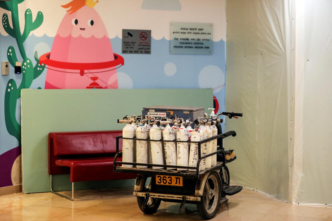 Medical oxygen canisters are seen in a children's COVID-19 ward that reopened as a response to increased infections among children, at Sheba Medical Center in Ramat Gan, Israel, on January 11, 2022.