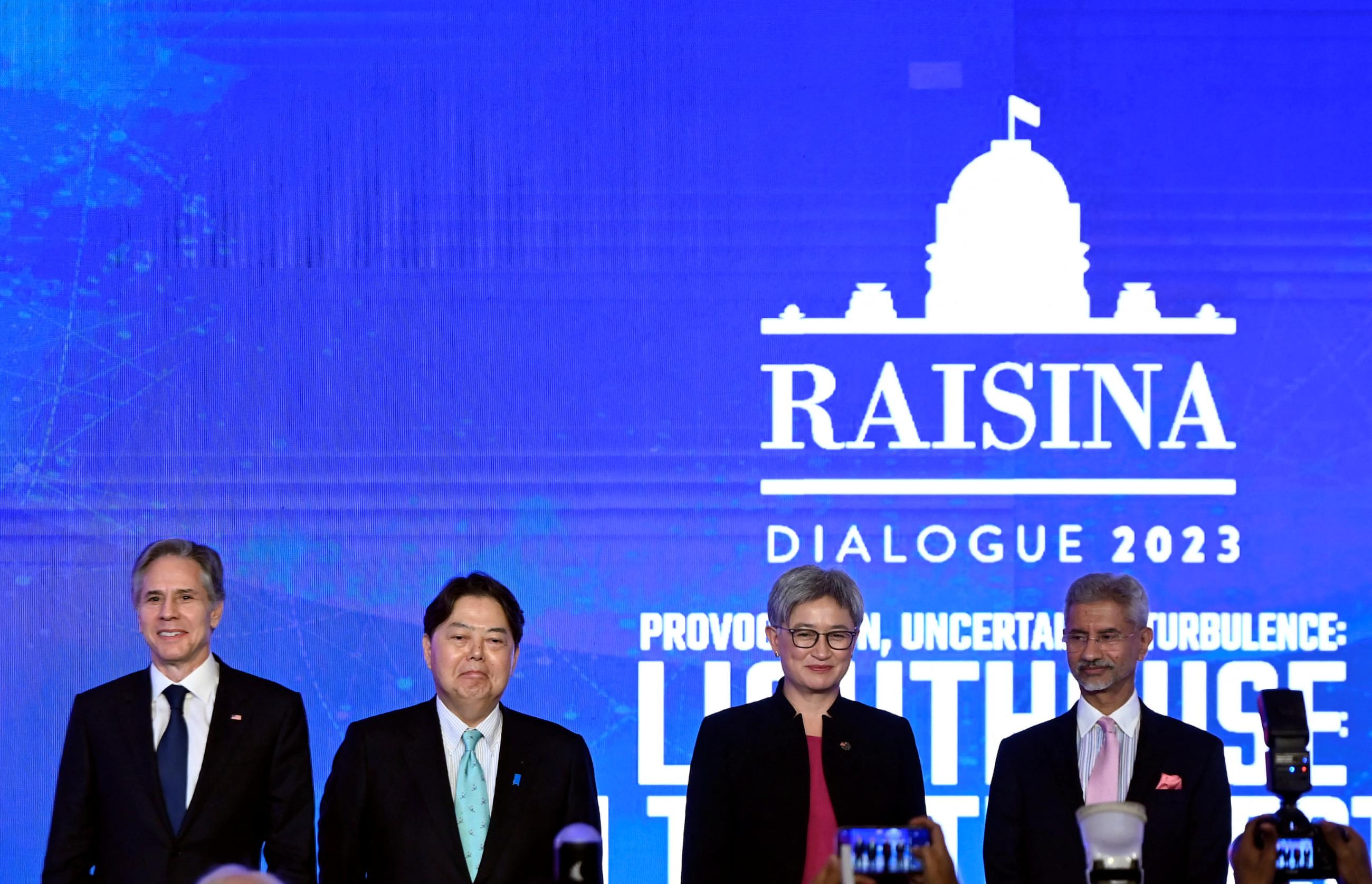 Quad foreign ministers attend a Quad Ministers' panel at the Taj Palace Hotel in New Delhi, India, on March 3, 2023.