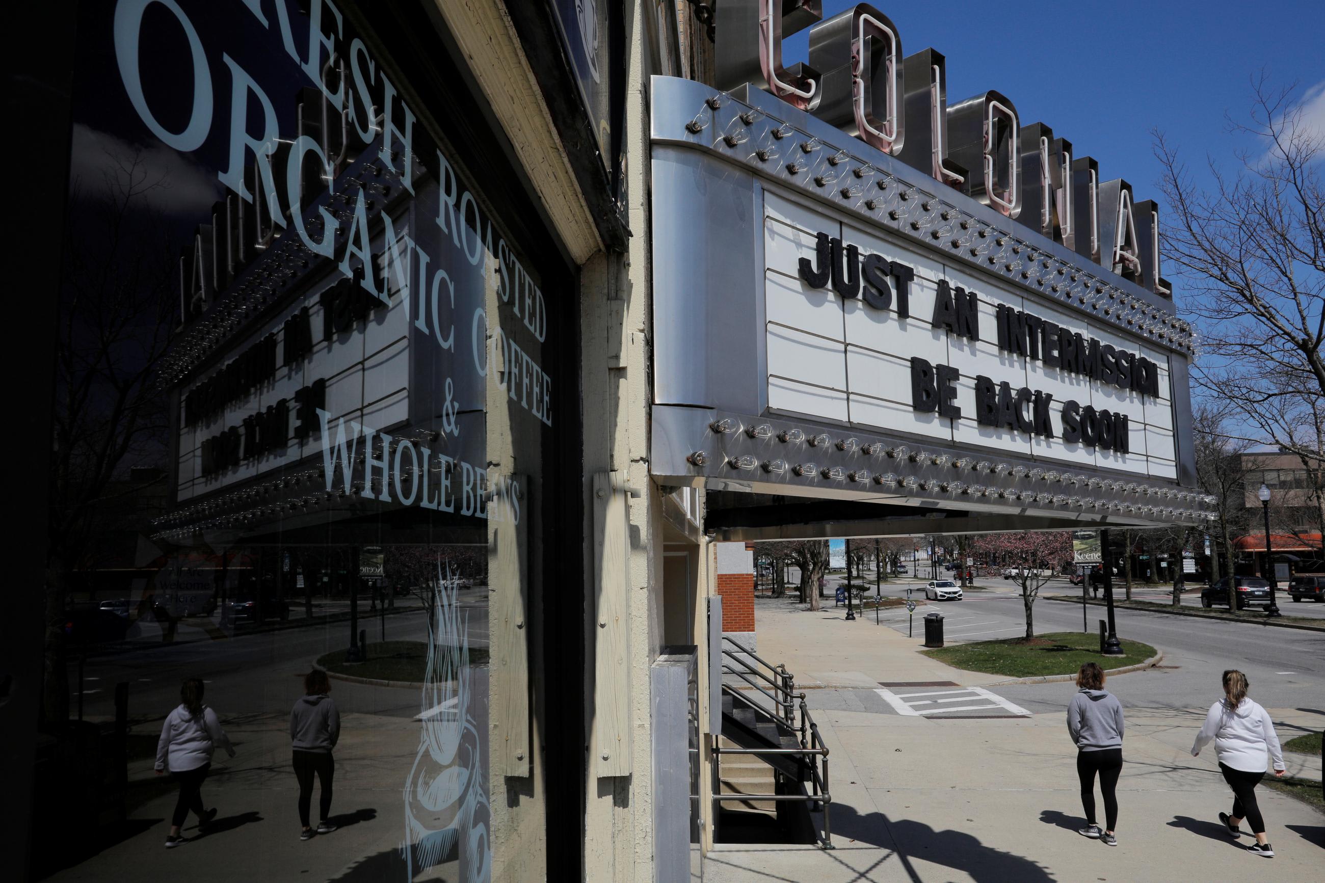 The marquee at the Colonial Theater reads "Just An Intermission Be Back Soon" amid the coronavirus disease (COVID-19) outbreak in Keene, New Hampshire, U.S., April 19, 2020.