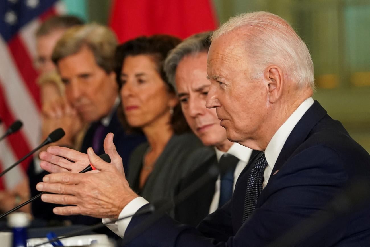 U.S. President Joe Biden speaks on a panel.