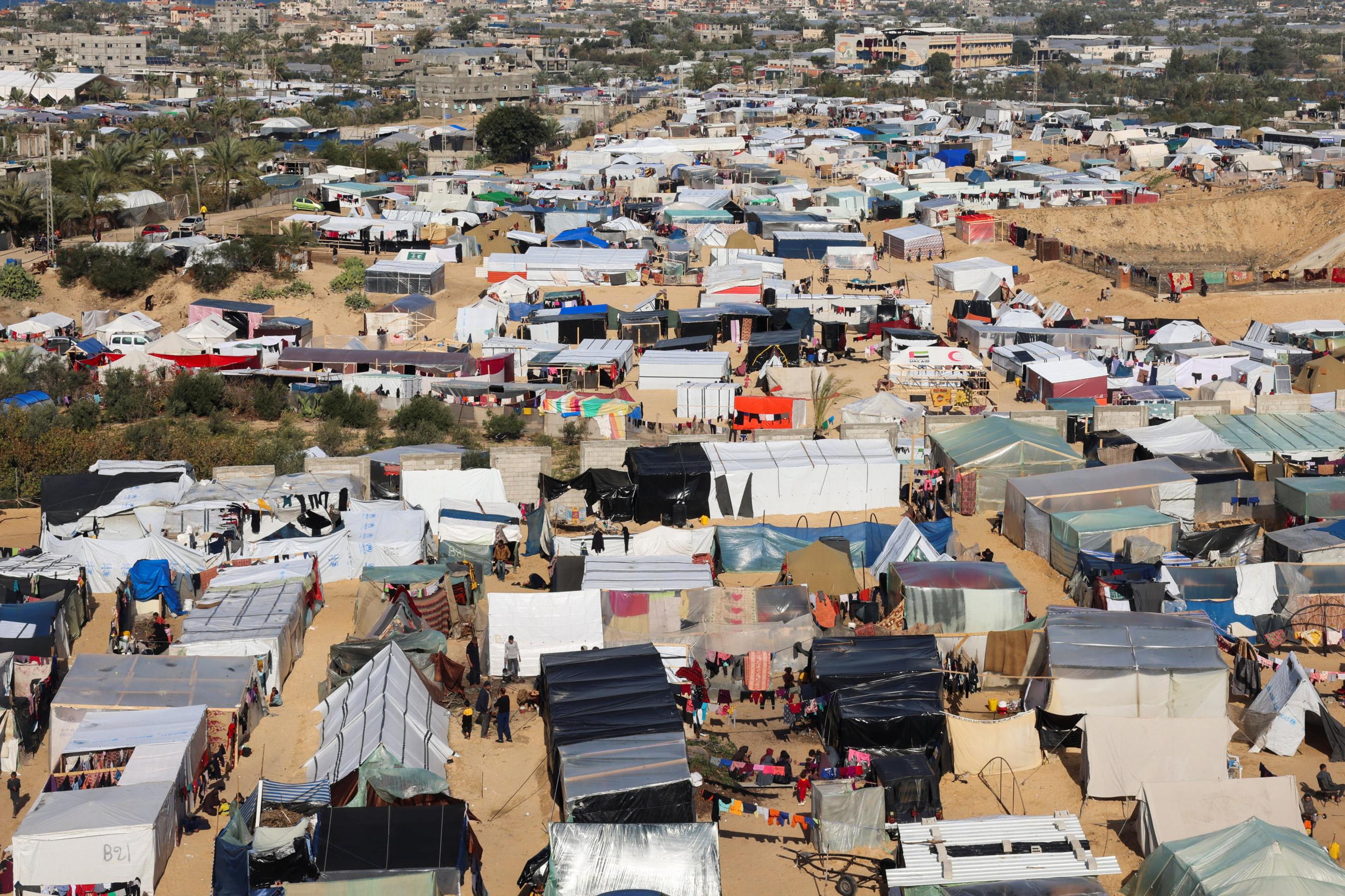 A general view of a tent camp sheltering displaced Palestinians, who fled their homes due to Israeli strikes.
