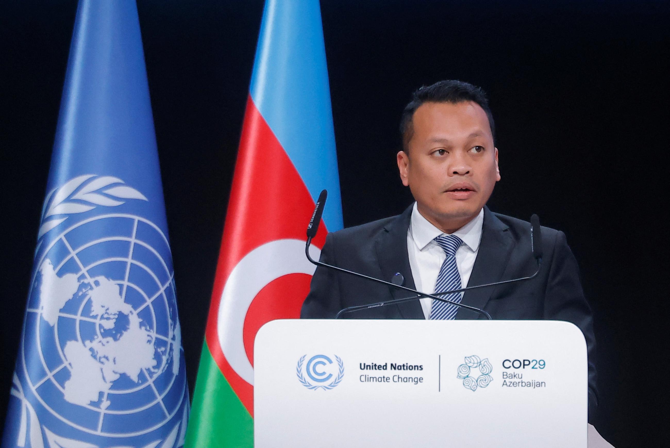 Malaysia's Minister of Natural Resources and Environmental Sustainability Nik Nazmi Bin Nik Ahmad delivers a statement during the United Nations climate change conference COP29, in Baku, Azerbaijan November 19, 2024.