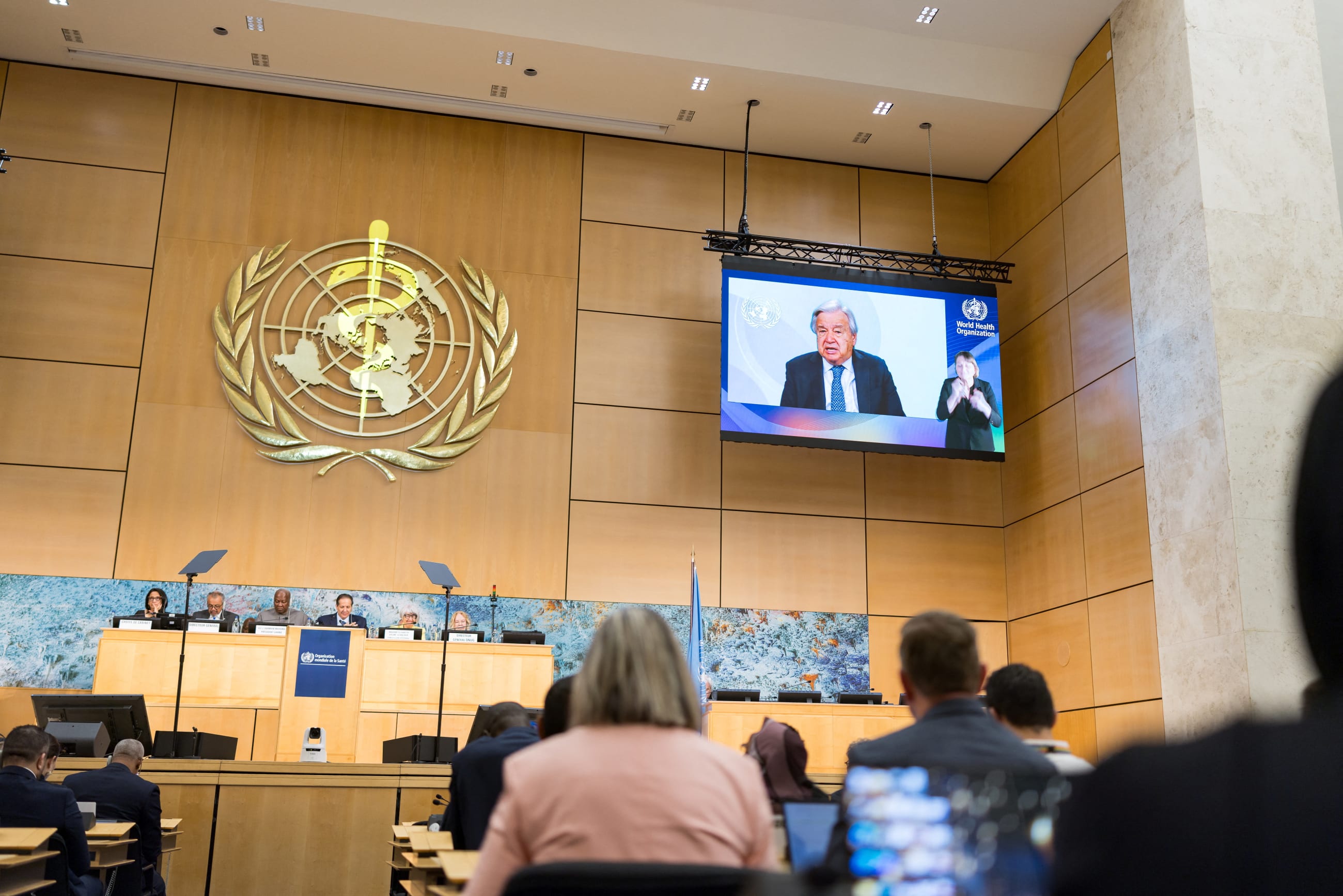 UN Secretary-General Antonio Guterres addresses the gathering through a video during the opening session of the World Health Organisation (WHO)'s 79th World Health Assembly at the United Nations, in Geneva, Switzerland, on May 18, 2026.