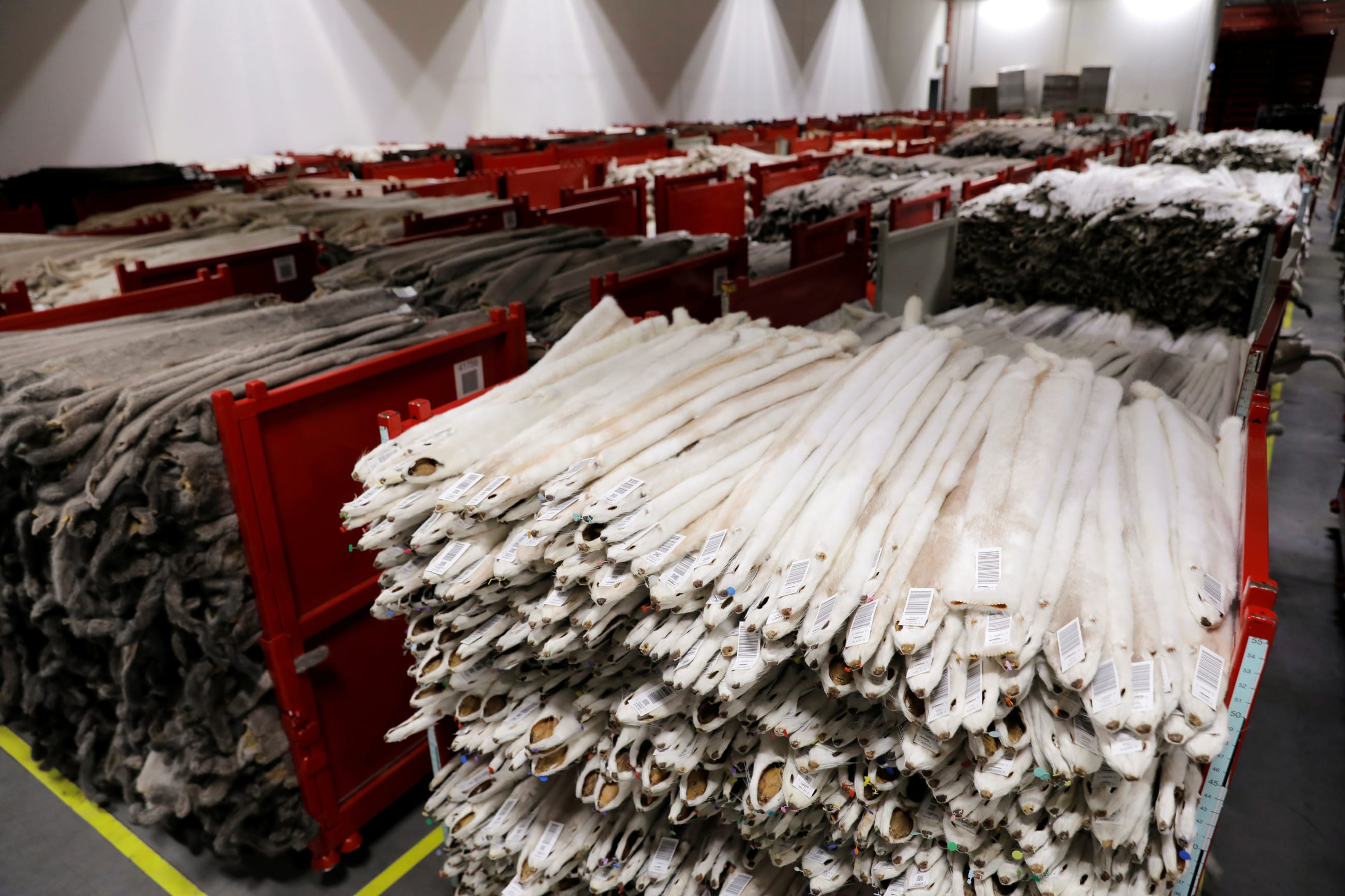 Labeled mink pelts are seen in storage at Kopenhagen Fur, in Glostrup, Denmark, on December 7, 2020.