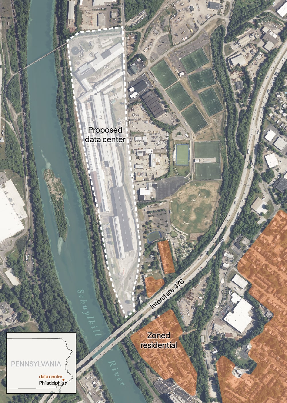 A satellite image shows the proposed site for a data center construction and the neighboring residential zone, in Conshohocken, Pennsylvania.