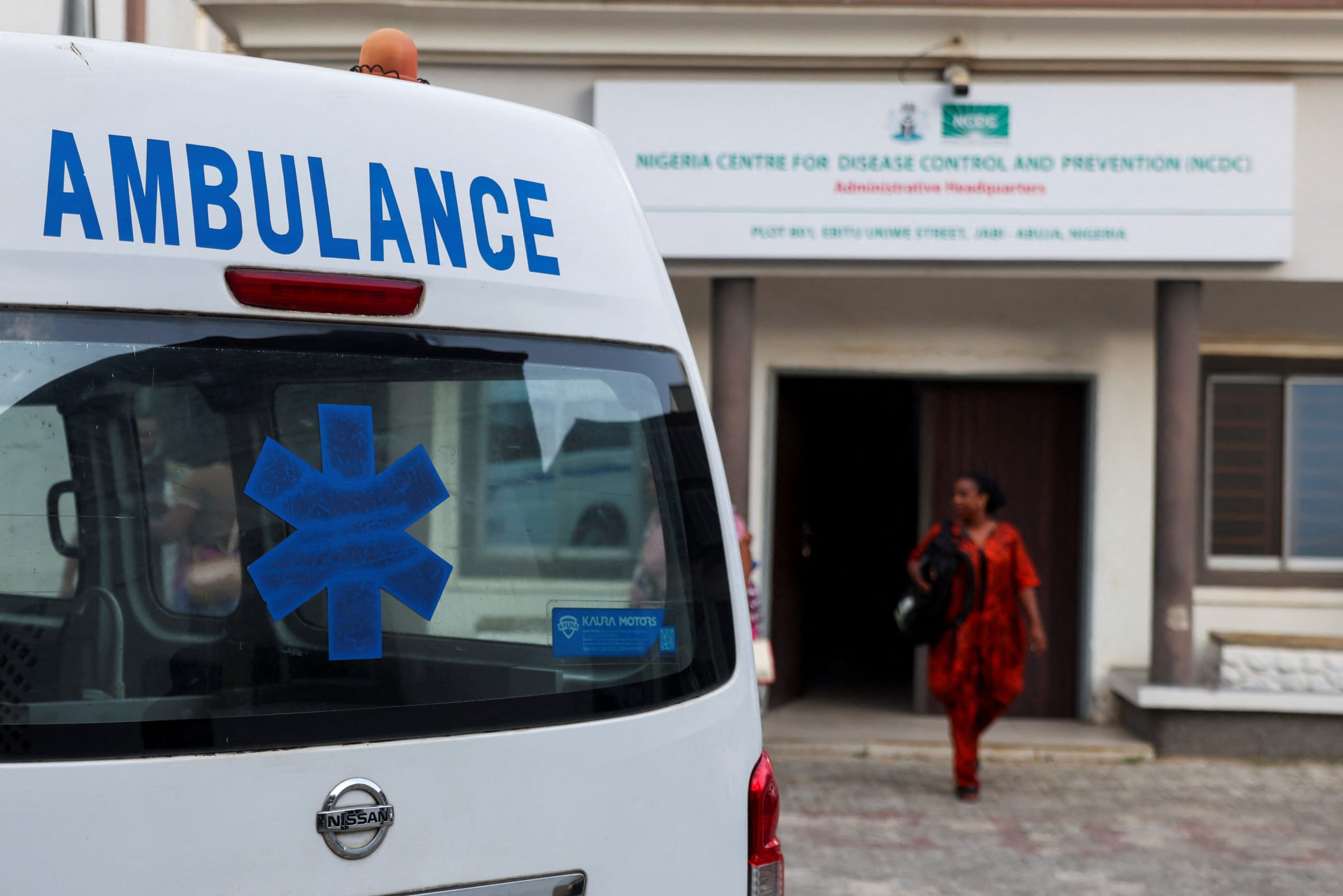 An ambulance is stationed outside the Nigeria Center for Disease Control and Prevention headquarters, in Abuja, Nigeria, on October 25, 2026.
