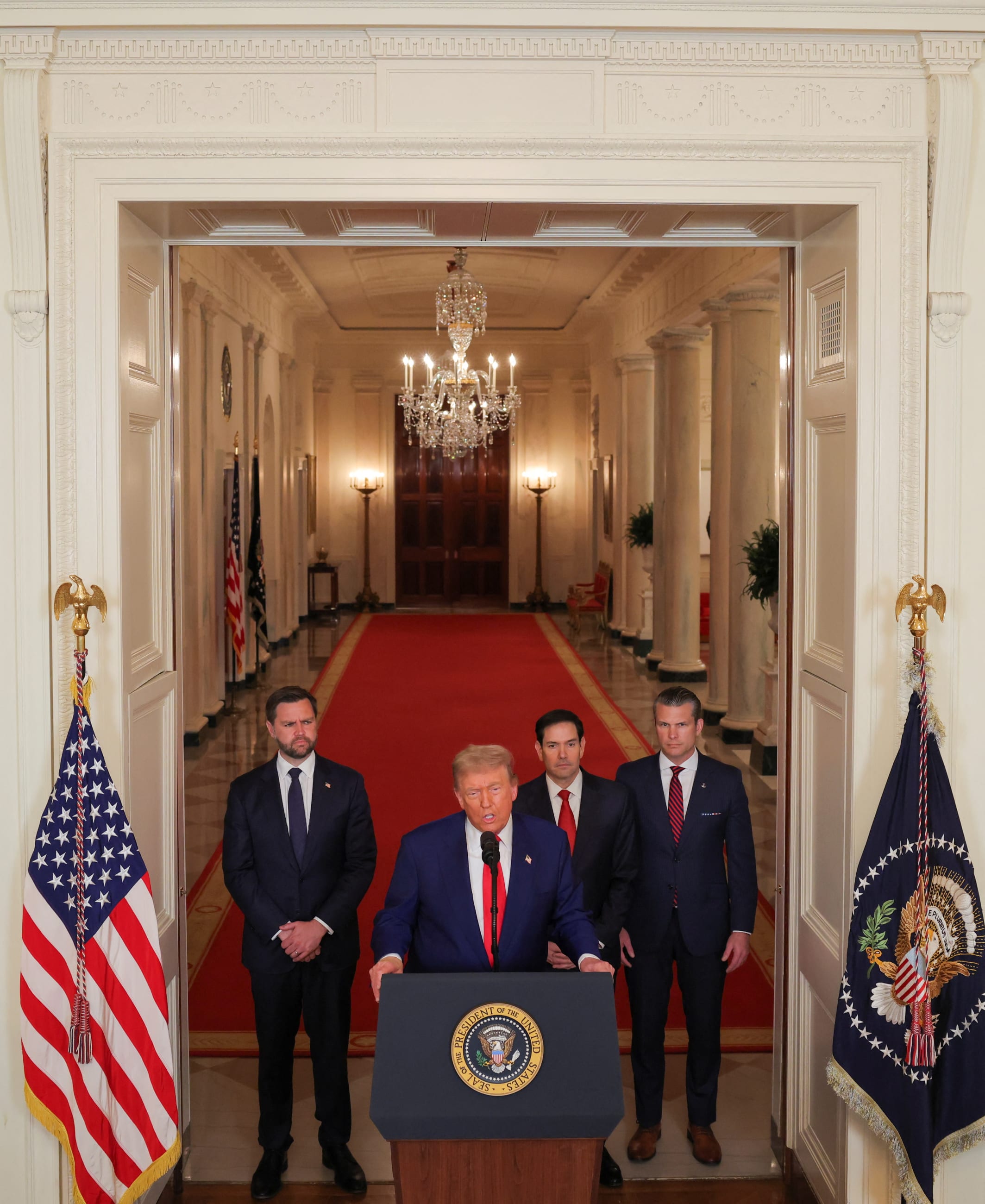 U.S. President Donald Trump delivers an address to the nation alongside U.S. Vice President JD Vance, U.S. Secretary of State Marco Rubio and U.S. Defense Secretary Pete Hegseth, in Washington DC, on June 21, 2025.