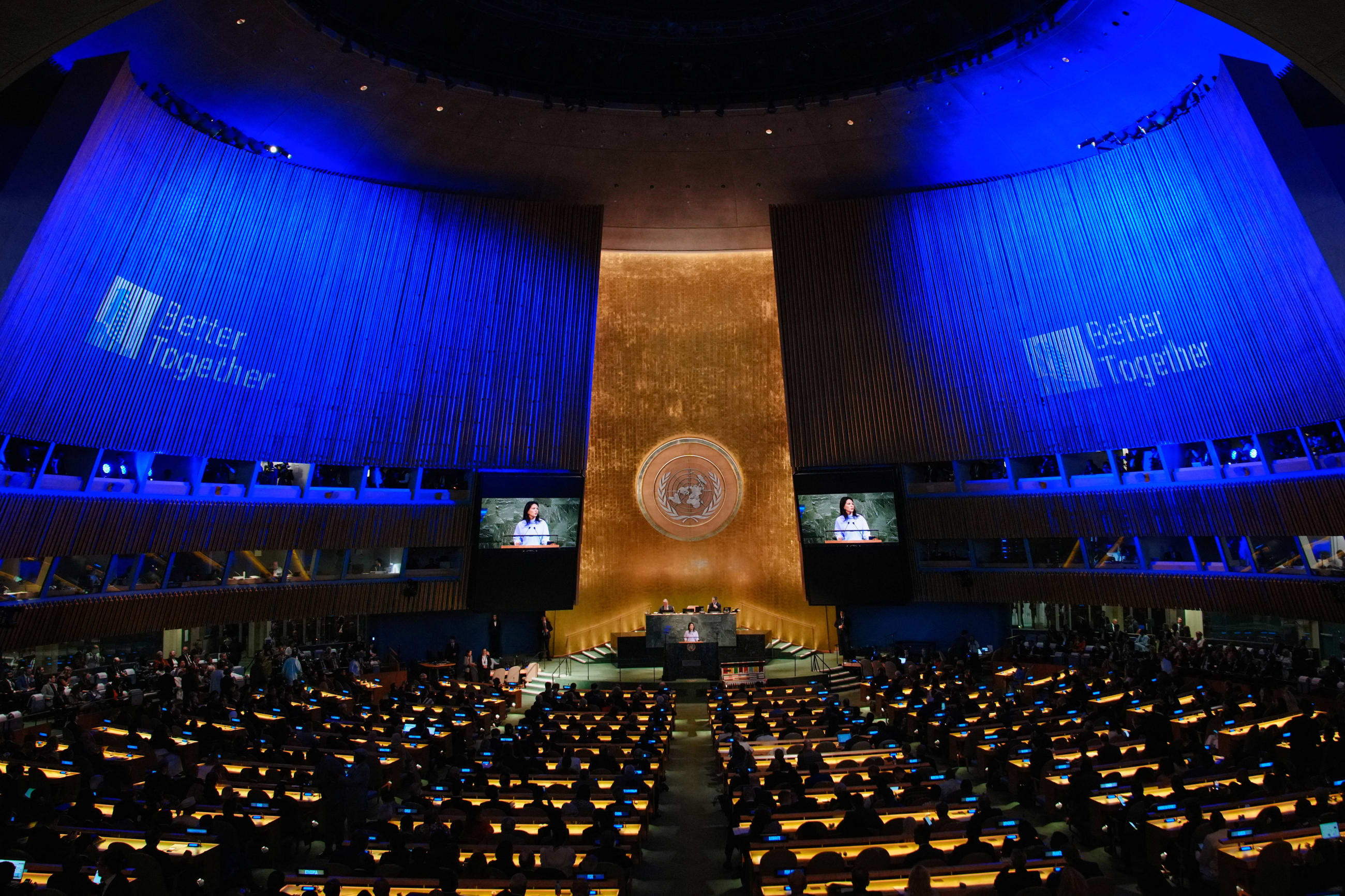 President of the United Nations General Assembly Annalena Baerbock speaks during a high-level meeting to mark the 80th anniversary of the establishment of the United Nations at U.N. headquarters in New York City, U.S., September 22, 2025