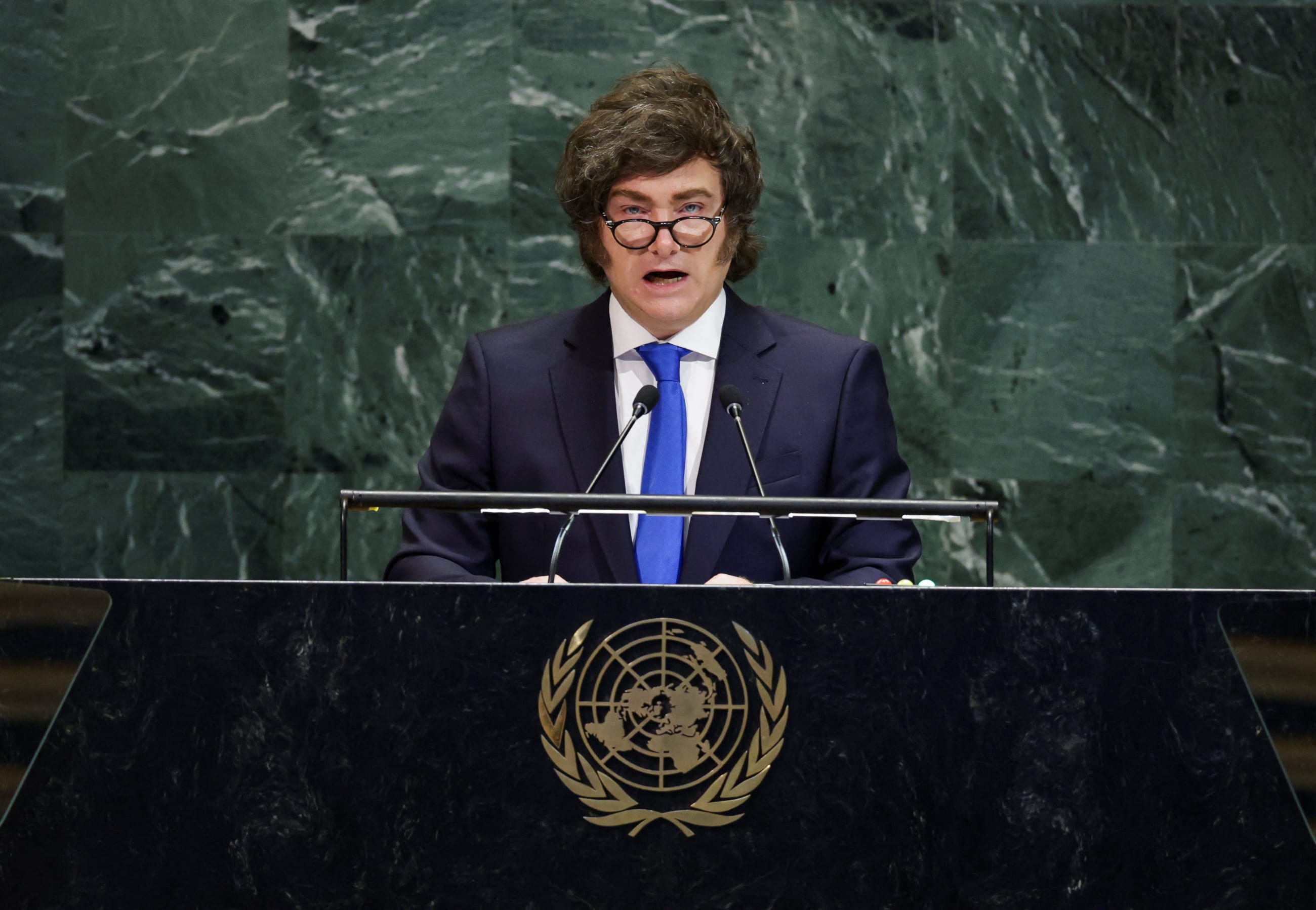 Argentina's President Javier Milei addresses the eightieth United Nations General Assembly, at the UN headquarters, in New York City, on September 24, 2025.