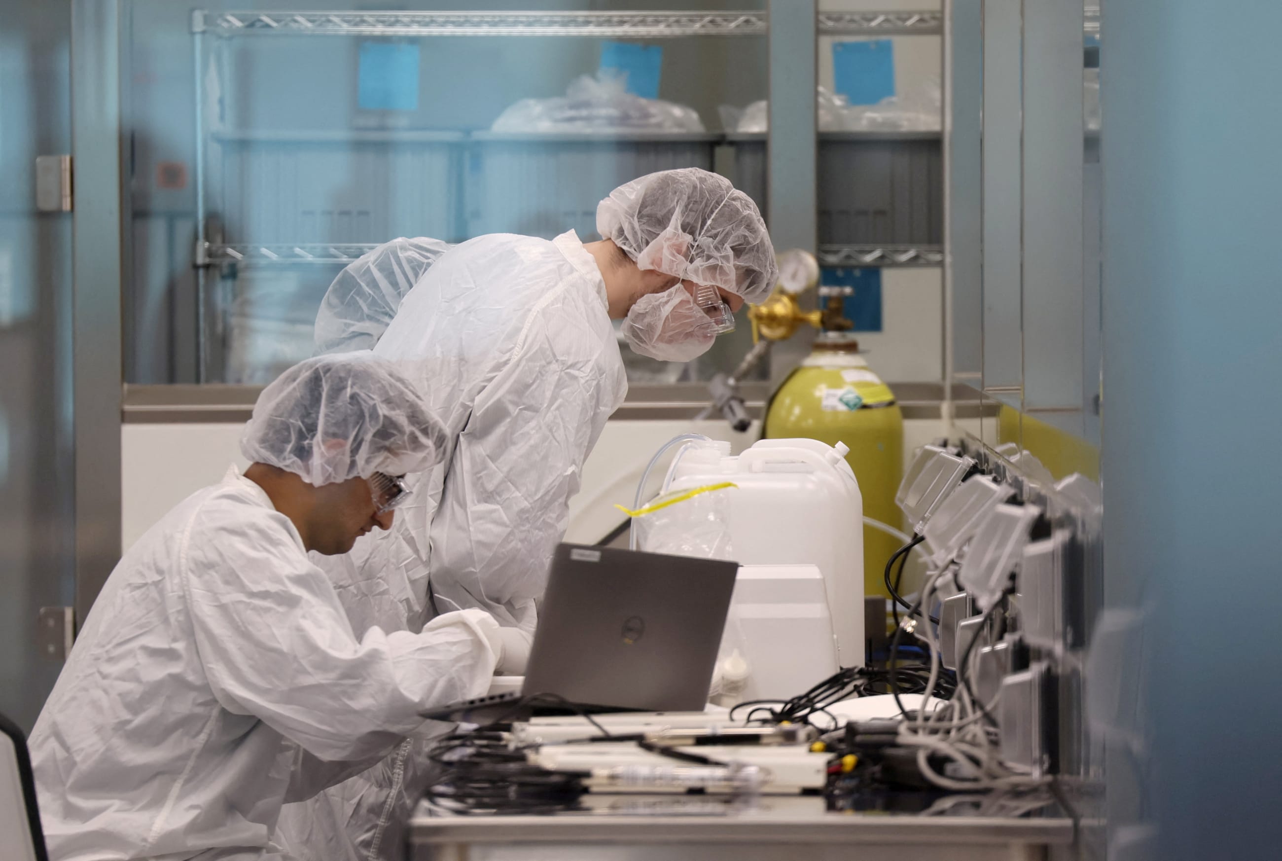Employees train to be cell therapy specialists at Gilead unit Kite's manufacturing facility, in Frederick Maryland, on March 14, 2024.