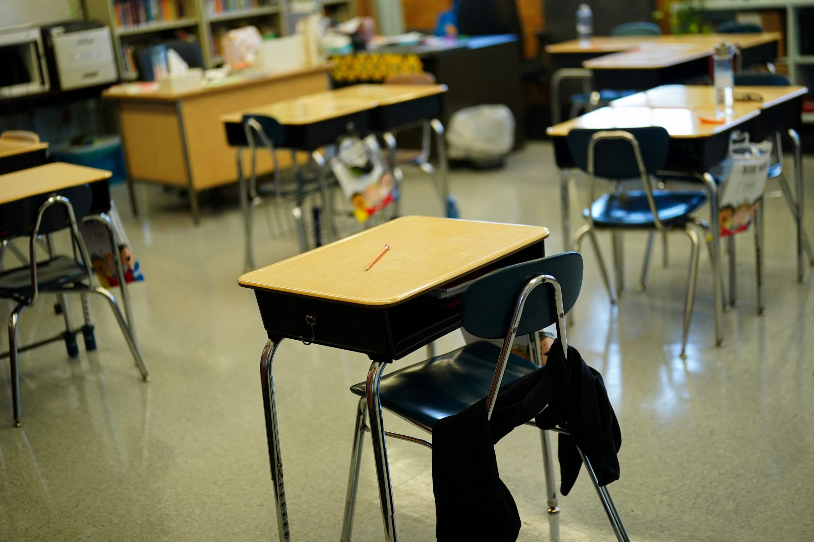 An empty classroom at CIS 303: Leadership and Community Service Academy in the Bronx borough of New York City, U.S., on October 8, 2024.