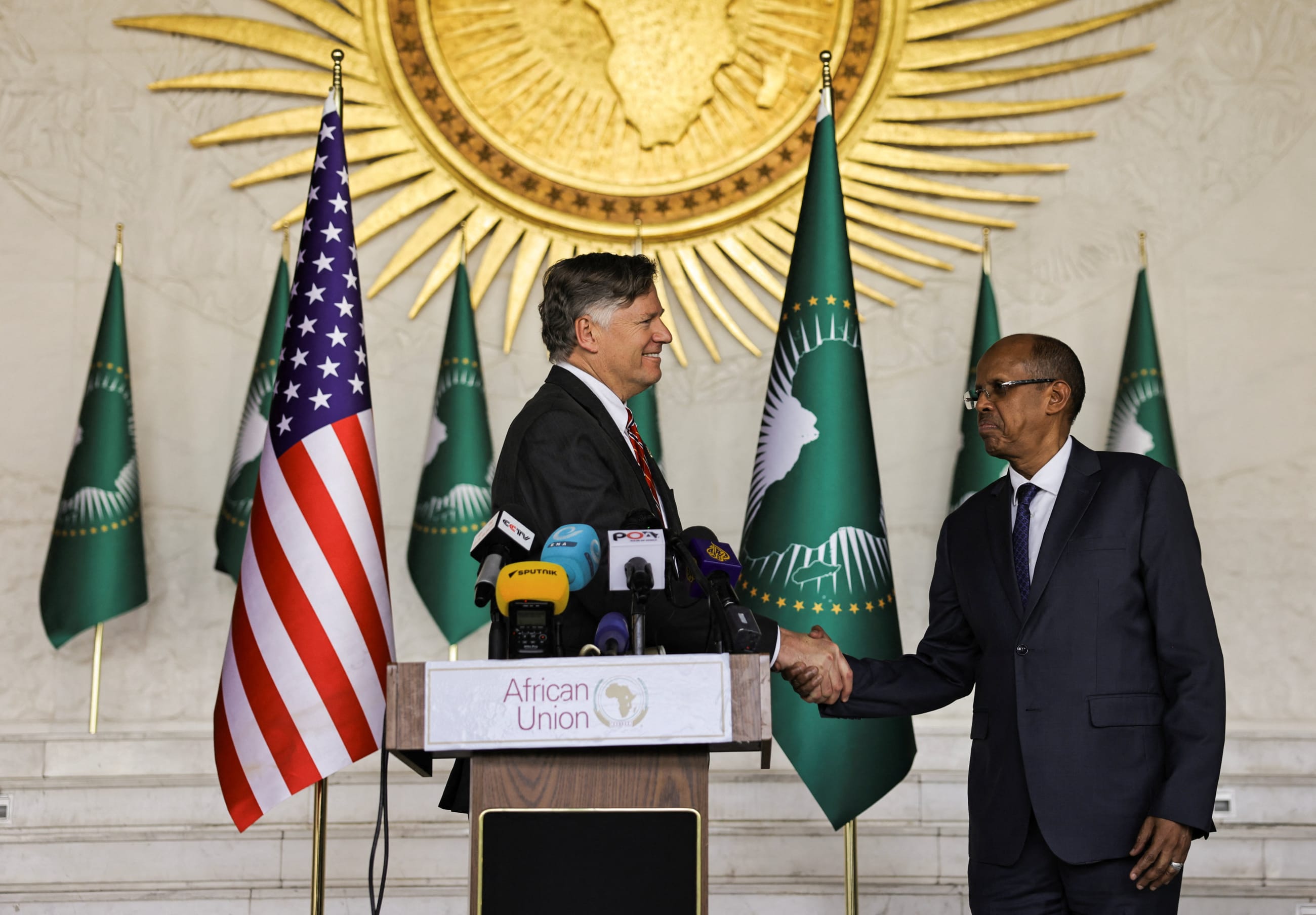 U.S. Deputy Secretary of State Christopher Landau shakes hands with African Union Commission Chair Mahamoud Ali Youssouf, at the African Union headquarters, in Addis Ababa, Ethiopia, on January 28, 2026.