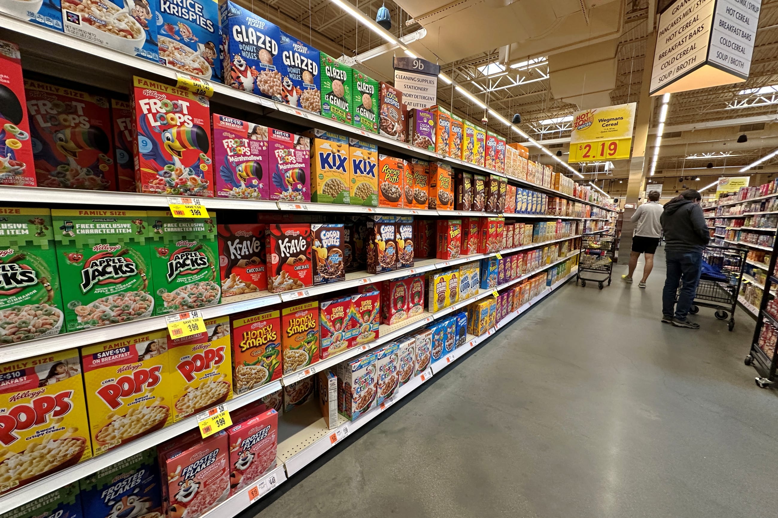 Breakfast cereals are displayed for sale at a grocery store, in Medford, Massachusetts, on April 22, 2025.