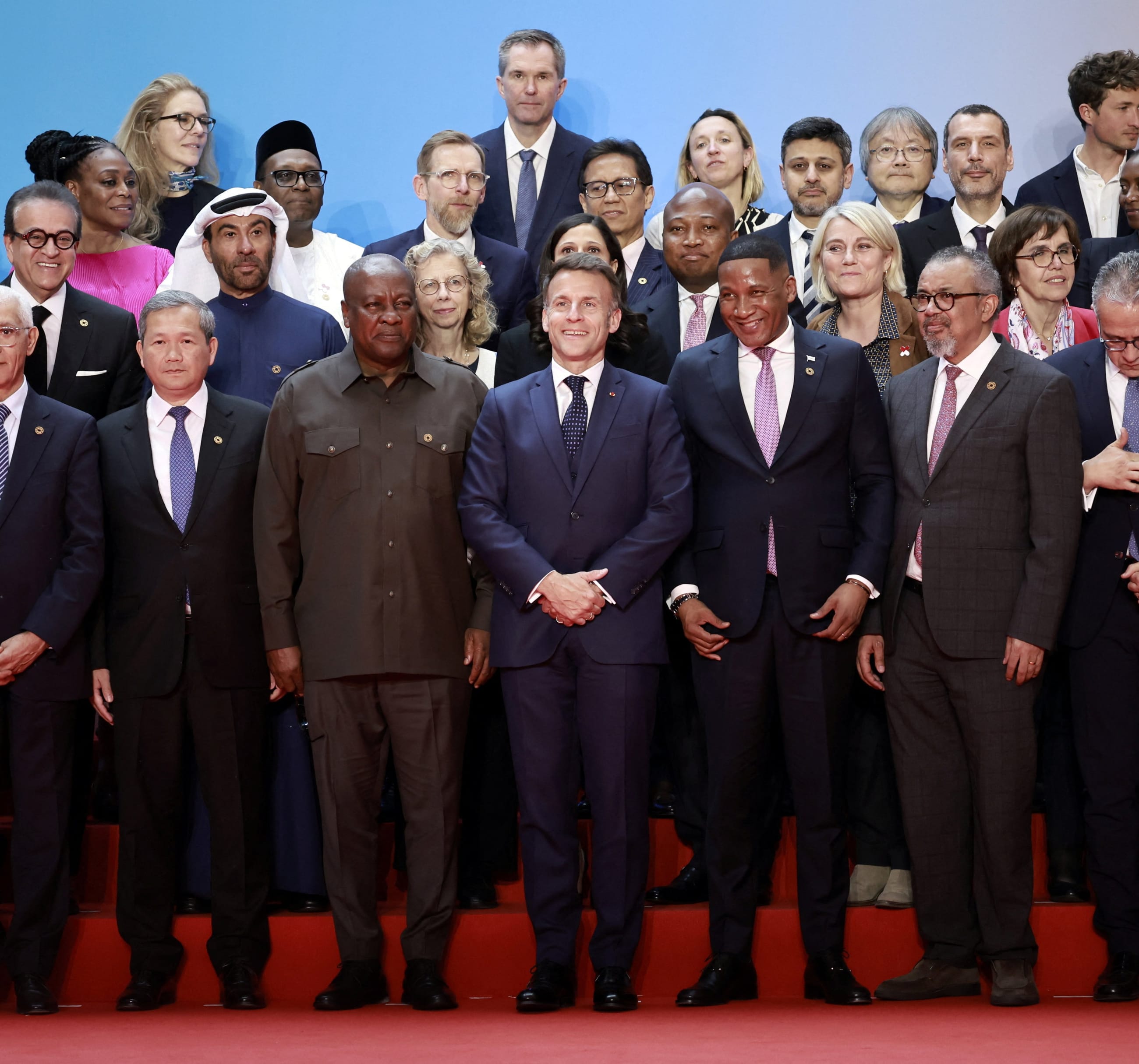 French President Emmanuel Macron, Ghana’s President John Dramani Mahama, Cambodia’s Prime Minister Hun Manet, World Health Organization Director-General Tedros Adhanom Ghebreyesus, and other delegates pose for photo during the One Health Summit in Lyon, France, on April 7, 2026.