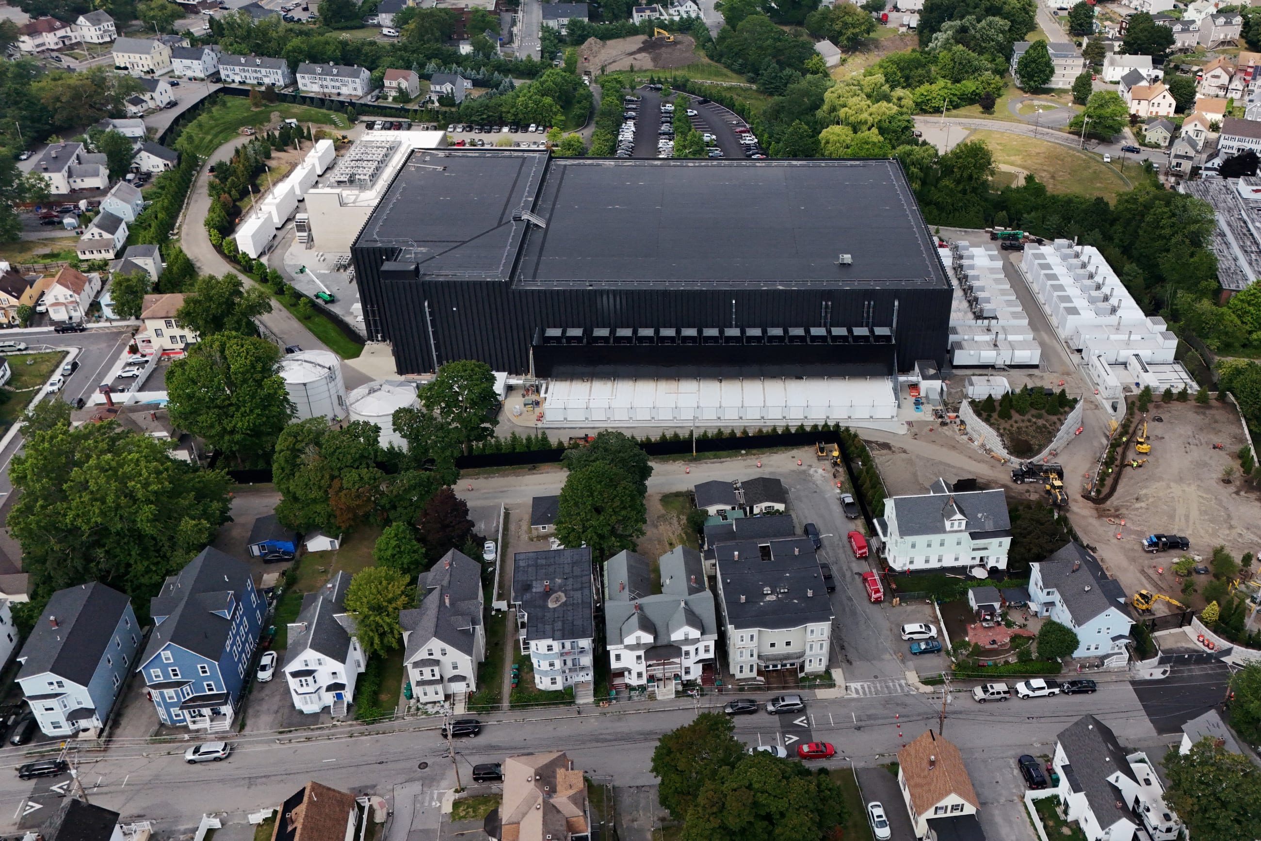 A drone view shows The Markley Group data center in a residential neighborhood, in Lowell, Massachusetts, on July 28, 2026.