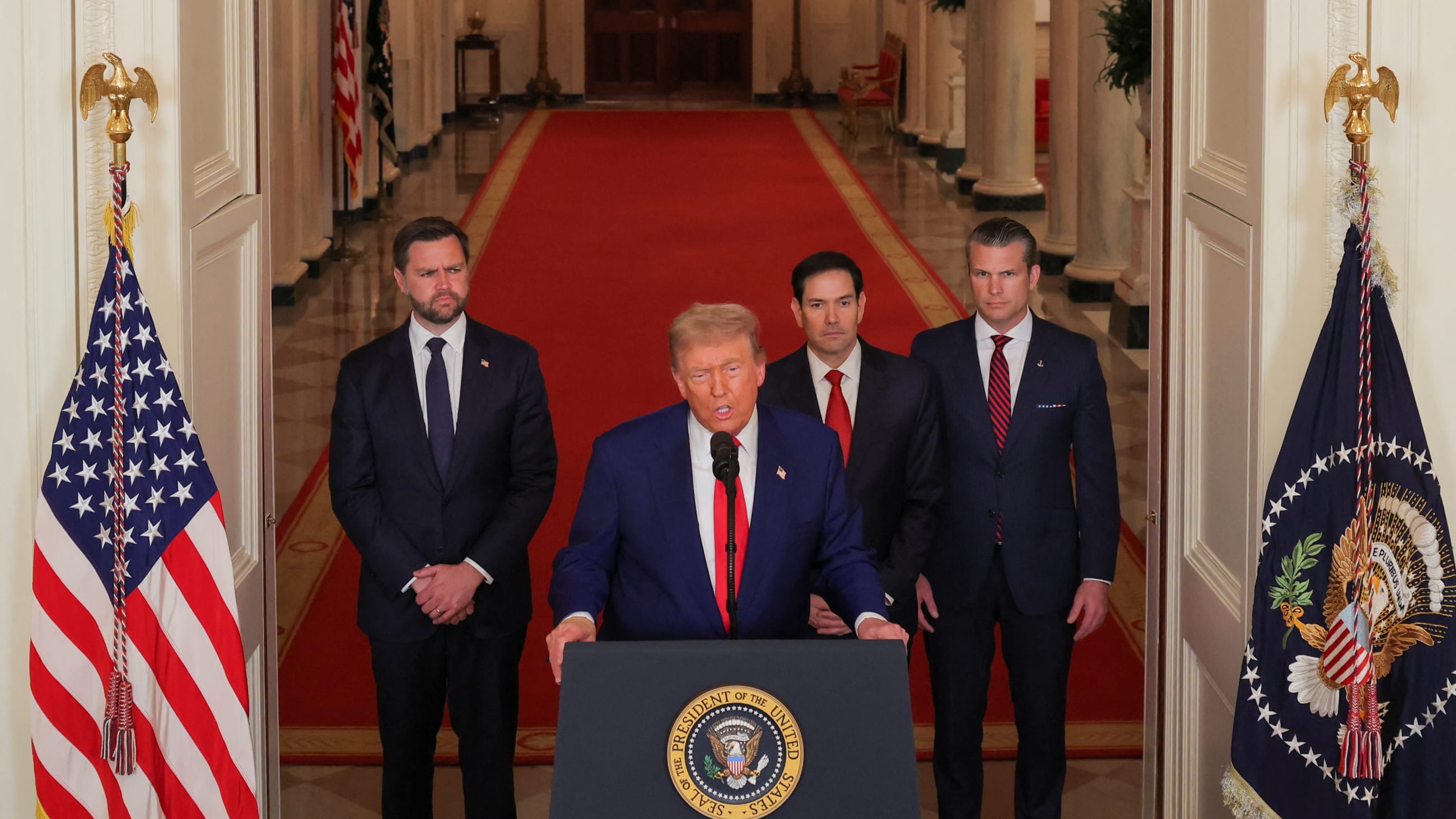 U.S. President Donald Trump delivers an address to the nation alongside U.S. Vice President JD Vance, U.S. Secretary of State Marco Rubio and U.S. Defense Secretary Pete Hegseth, in Washington DC, on June 21, 2025.