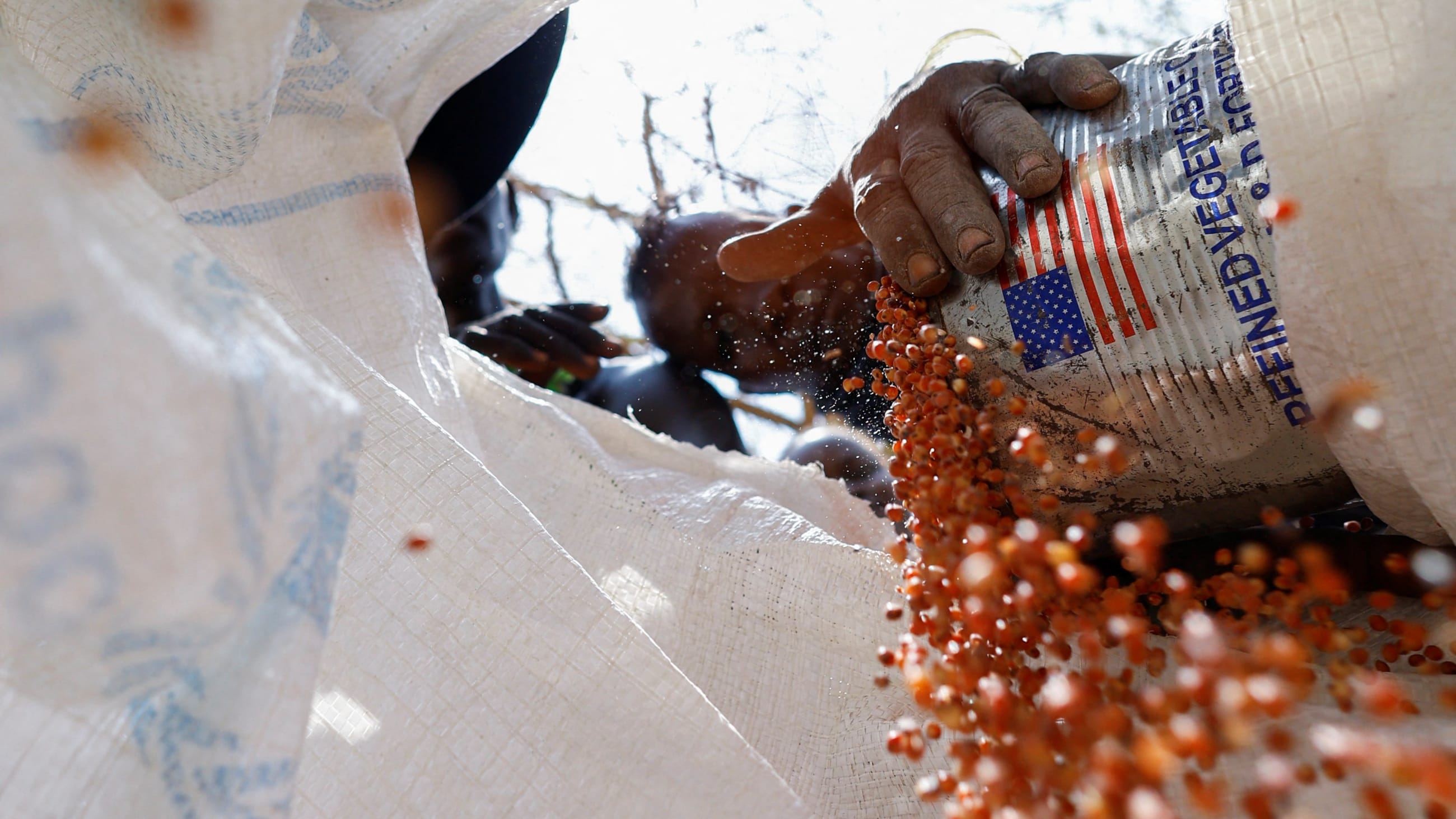 A woman from the indigenous Turkana Nilotic community pours sorghum grains into a sack, at a World Food Program food distribution center, at the Kenya Oil village near Lodwar, in Turkana County, Kenya, on February 17, 2026.