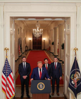 U.S. President Donald Trump delivers an address to the nation alongside U.S. Vice President JD Vance, U.S. Secretary of State Marco Rubio and U.S. Defense Secretary Pete Hegseth, in Washington DC, on June 21, 2025.