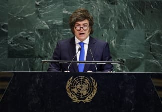 Argentina's President Javier Milei addresses the eightieth United Nations General Assembly, at the UN headquarters, in New York City, on September 24, 2025.