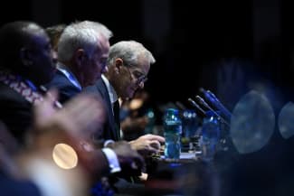 Norway's Prime Minister Jonas Gahr Store listens during the Global Fund event on November 21, 2025, in Sandton, Johannesburg, South Africa, ahead of the G20 Summit, which begins tomorrow. Leon Neal/Pool via REUTERS