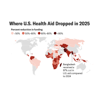 A map of where the United States cut health aid in 2025.