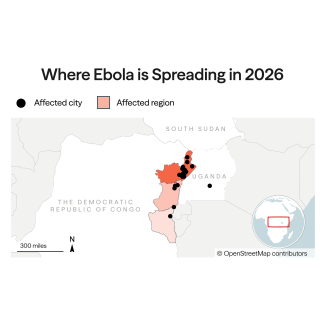 A map titled "Where the 2026 Ebola Outbreak is Spreading" shows confirmed and suspected cases of Bundibugyo virus disease in the Democratic Republic of Congo (DRC) and Uganda as of June 1, 2026. Affected regions are shaded in salmon/orange-red, and affected cities are marked with black dots. Ituri Province in northeastern DRC is labeled as having seen the most cases and is the largest highlighted region. Additional affected areas in DRC include militia-controlled Goma in North Kivu and areas near Bukavu in South Kivu. In Uganda, Kampala is marked as having confirmed nine cases. A small inset map shows the location of the outbreak region within the broader African continent. Source: Ministry of Health, Democratic Republic of Congo.