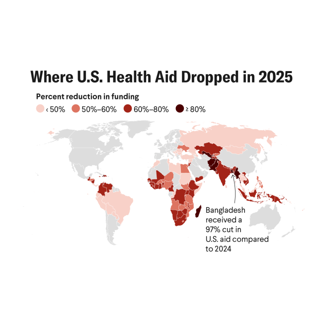 A map of where the United States cut health aid in 2025.