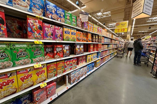 Breakfast cereals are displayed for sale at a grocery store, in Medford, Massachusetts, on April 22, 2025.