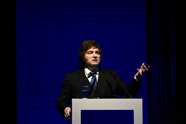 Argentinian President Javier Milei speaks at an event, in Buenos Aires, Argentina, on April 29, 2026.