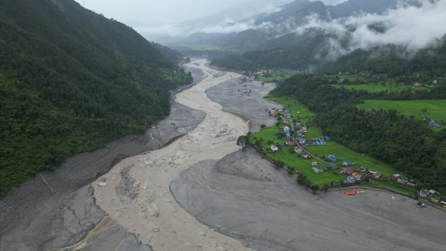 Aerial view of flood-ravaged Betrawati in Rasuwa; many houses are buried beneath the mud, on August 29, 2026.